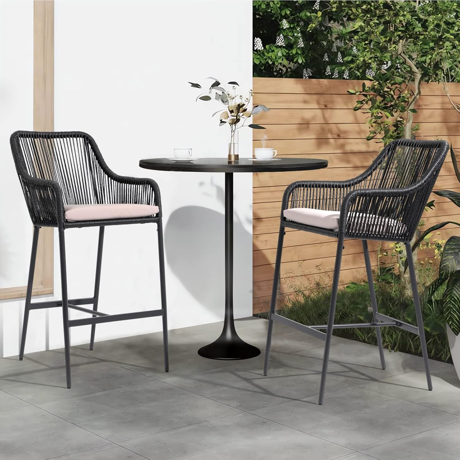 JOIVI Wicker Bar Stools Set of 2, Patio Outdoor Rattan Rope Bar Height Chairs with Cushions, Armrest and Footrest for Indoor, Garden, Poolside, Lawn, Backyard, Black