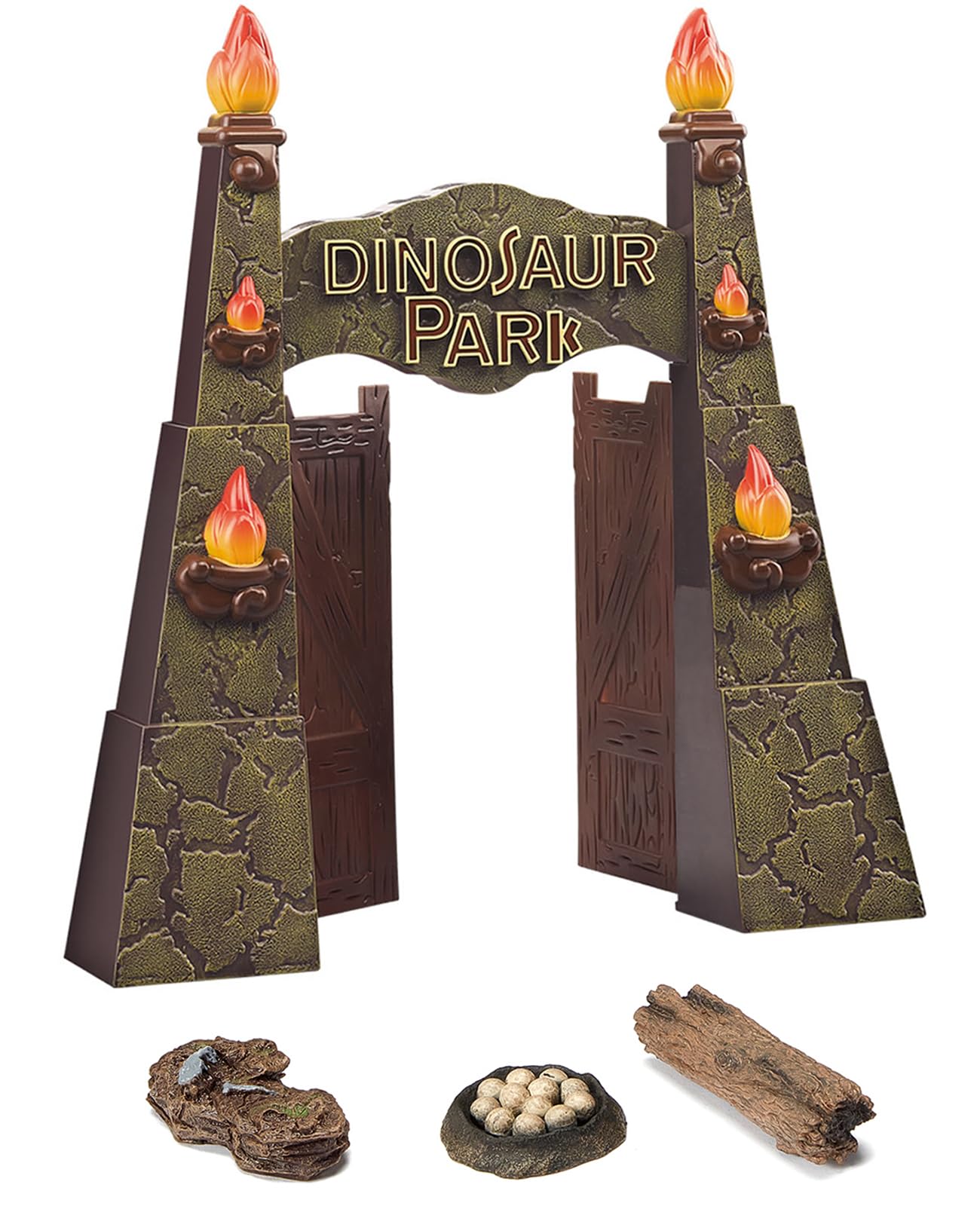 12inches Realistic Dinosaur Park Gate with Log, Nest of Eggs, Stone, Great Addition to Dino Toys, Dinosaur Truck or RC Dinosaur Toys