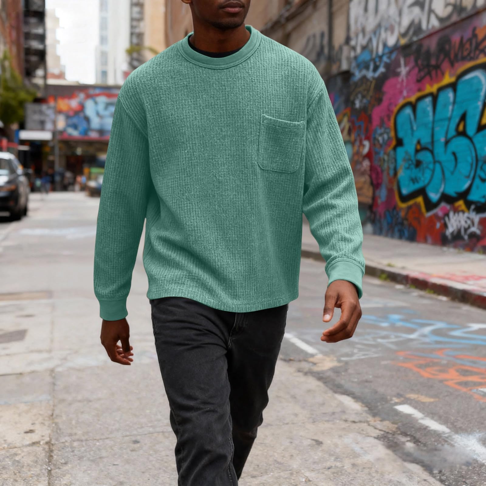 Generico Maglia Uomo A Struttura Waffle Collo Tondo con Tasca Maniche Lunghe, Modello Base Semplice per Abiti di Primavera E Autunno