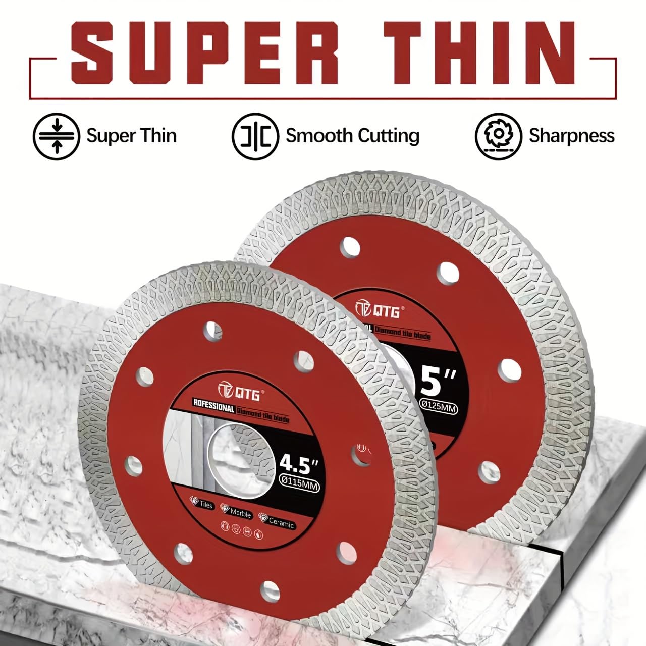 QTG 5PCS 4.5" Ultra-Thin Turbo Diamond Blade for Angle Grinder – Wet/Dry Cutting Disc for Porcelain, Ceramic, Granite & Marble Tile, 7/8" Arbor (Fits 5/8" with Adapter) (5, 4.5")