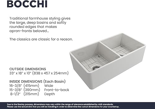 Miniatura 3 de BOCCHI Classico Farmhouse Delantal de arcilla refractaria delantera de 33 pulgadas. Fregadero de cocina de doble tazón con rejilla inferior