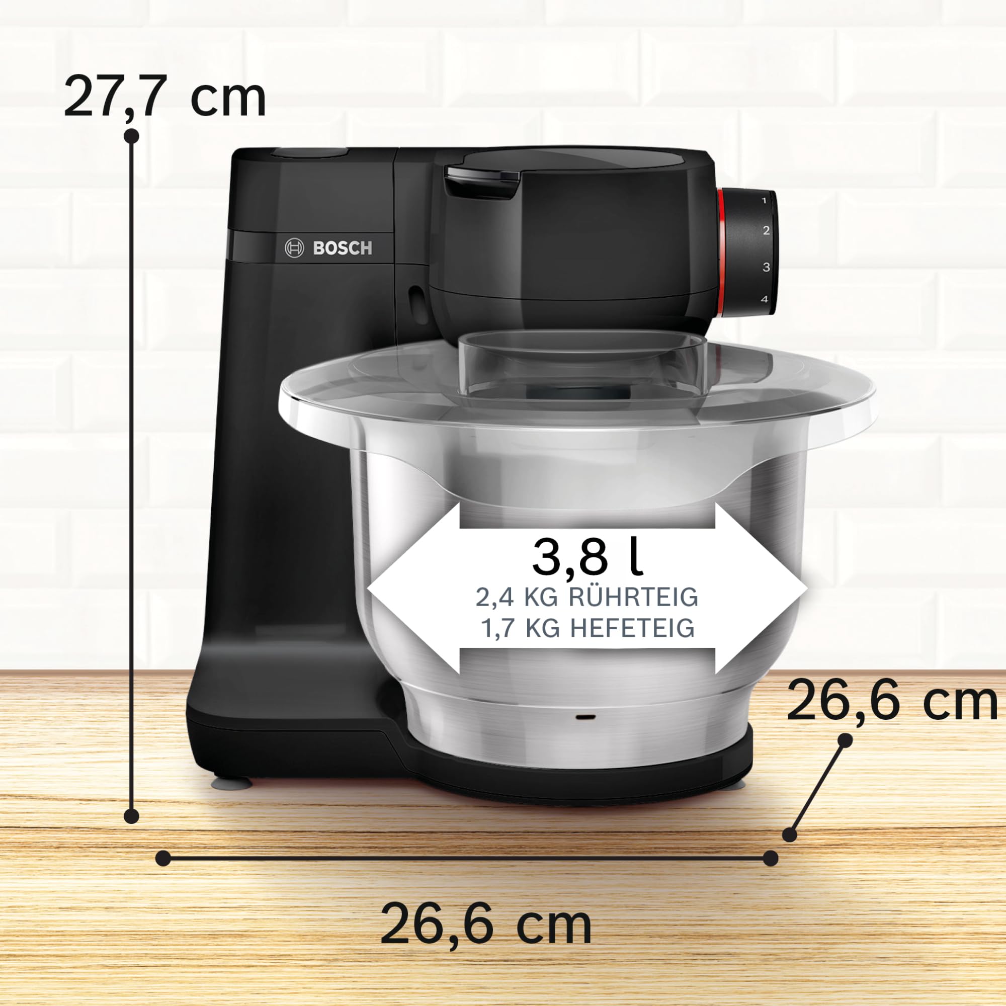 Bosch Küchenmaschine Serie 2, kleine Küchenmaschine, Edelstahl-Schüssel 3,8 L, Planetenrührwerk, Knethaken, Schlag-, Rührbesen Edelstahl, Durchlaufschnitzler, 3 Scheiben, 700 W, schwarz, MUMS2EB01