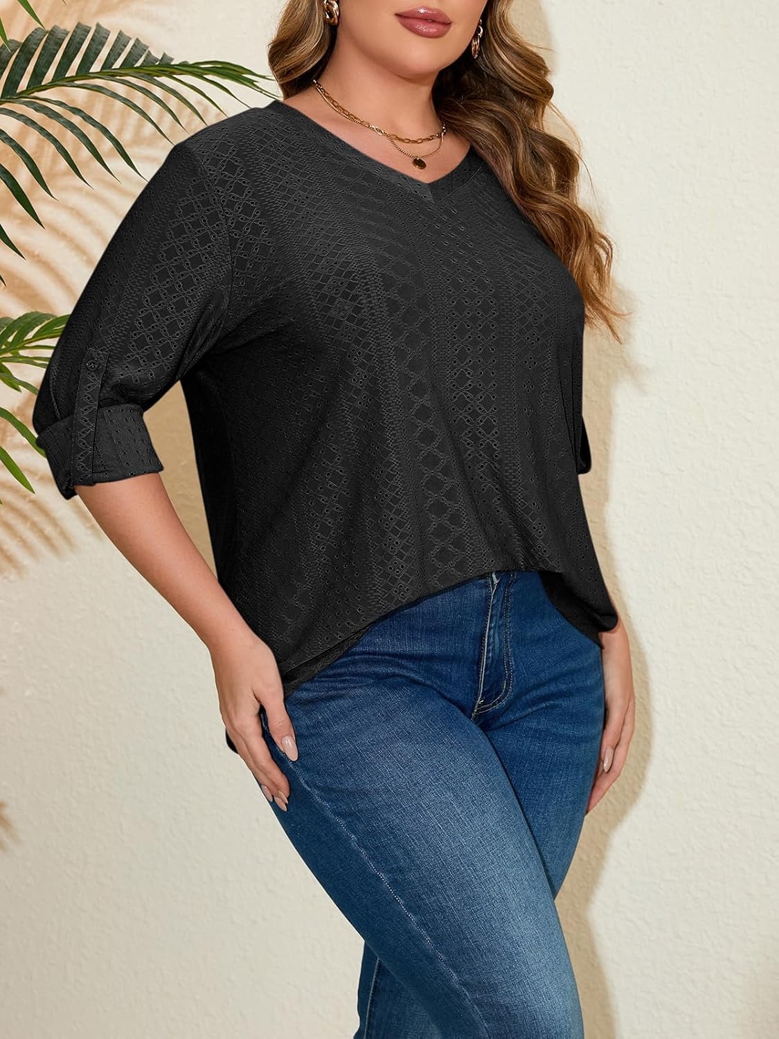 Beautife Womens Plus Size Eyelet Tunic Tops Dressy Casual Long Sleeve V Neck Blouses Curvy Loose Fit Shirts - Image 4