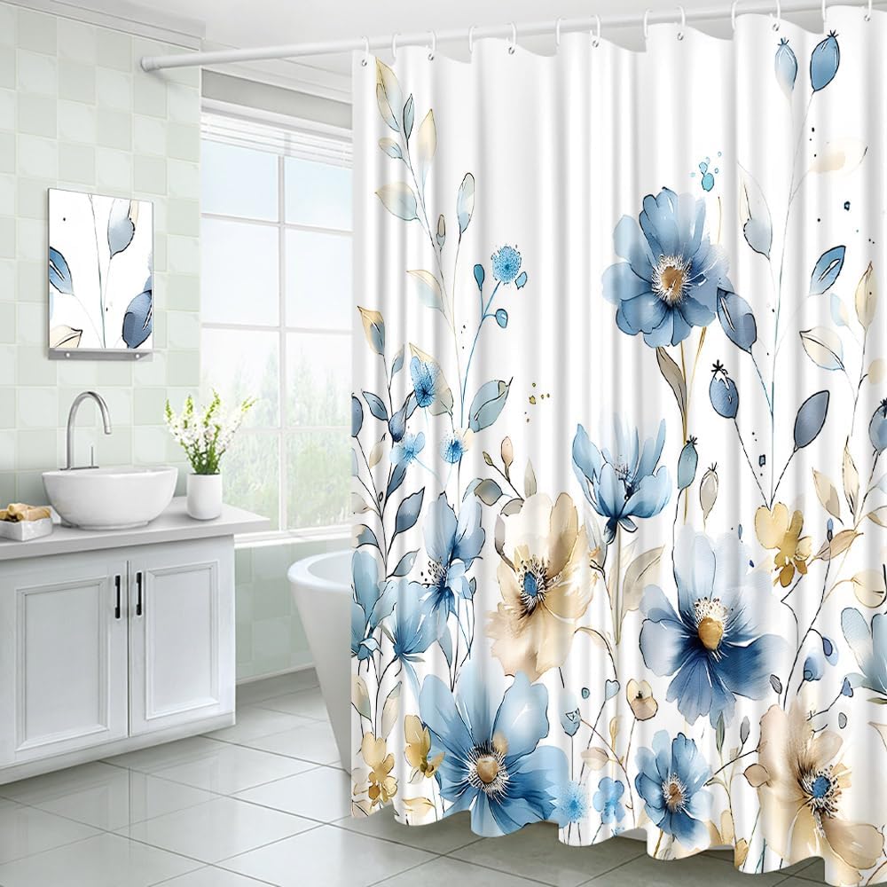 Blue Floral Shower Curtain Watercolor Flowers Leaves Botanical Rustic Farmhouse Fabric Bathroom Decor Curtains with Hooks, 70" Wx90 H