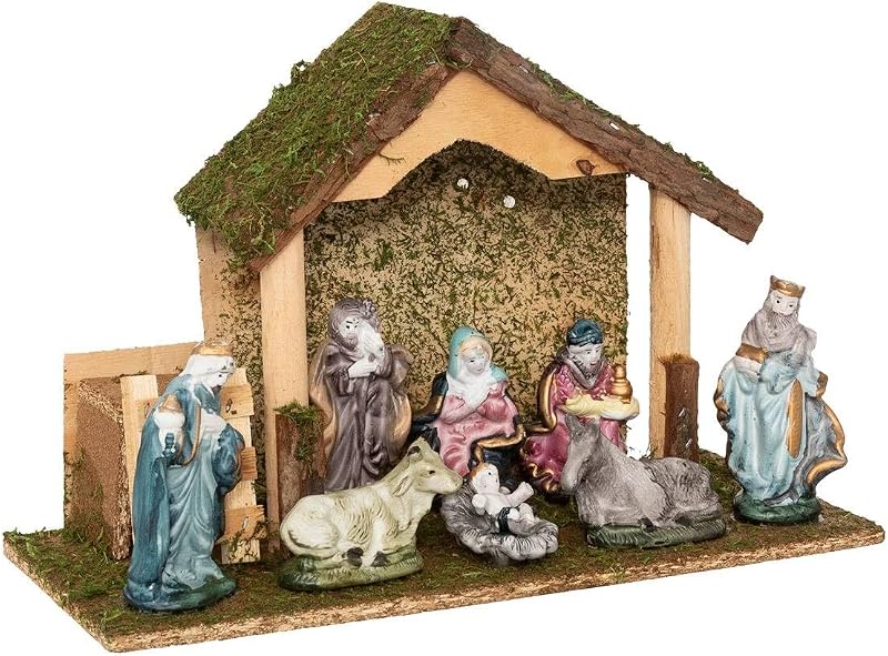 FEERIC LIGHTS & CHRISTMAS Porcelán Betlehem LED Világítással - 3 az 1-ben Karácsonyi Dekoráció 7 Figurával