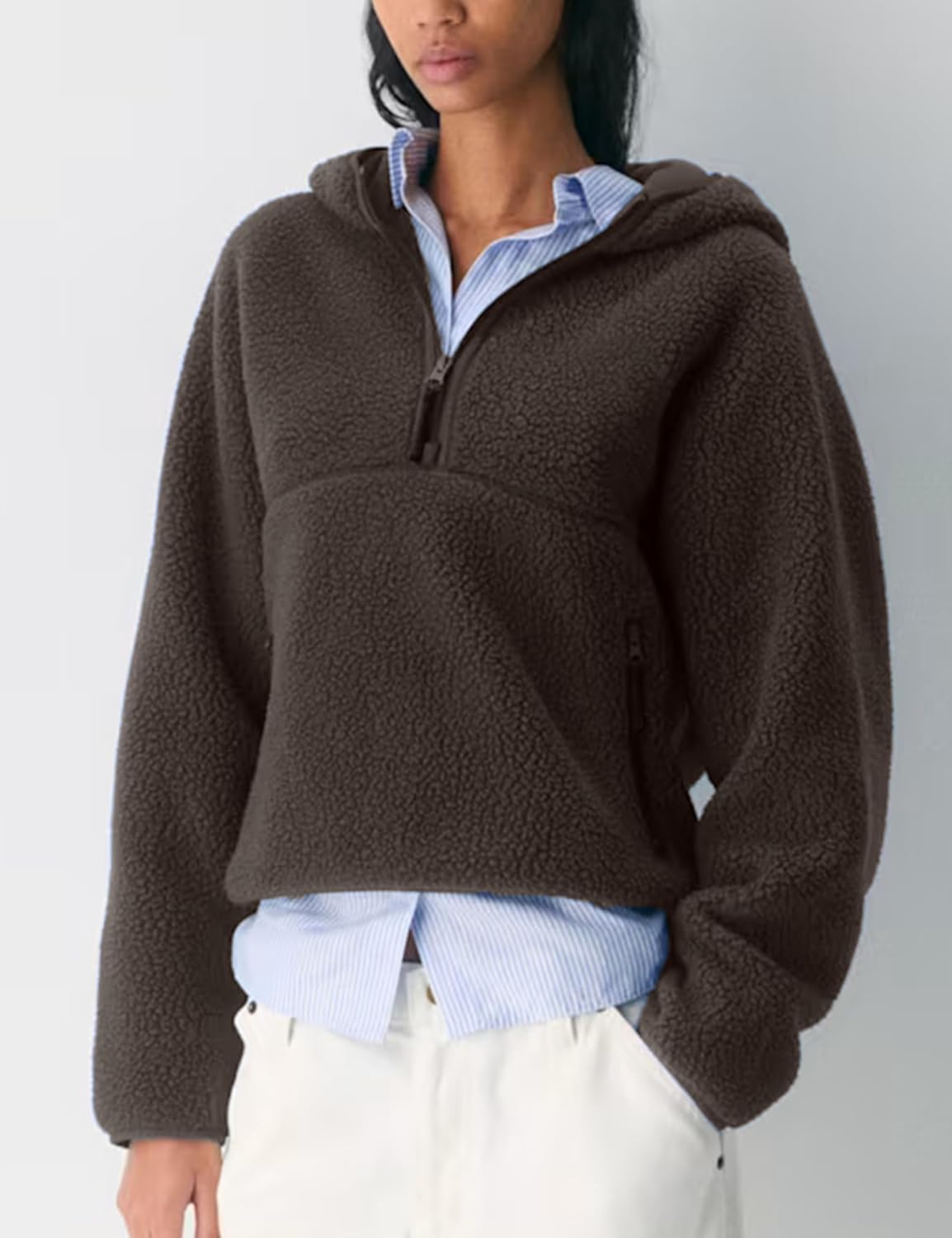 Fleece Pullover Women Long Sleeve Half Zip Sherpa Hooded Sweatshirts Warm Teddy Fall Fuzzy Jacket with Pockets - Image 3
