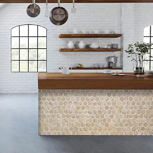 Miniatura 6 de DICOFUN Azulejos hexagonales para salpicaduras, aspecto de piedra arenisca con azulejos de pared dorados claros para cocina, 1 unidad