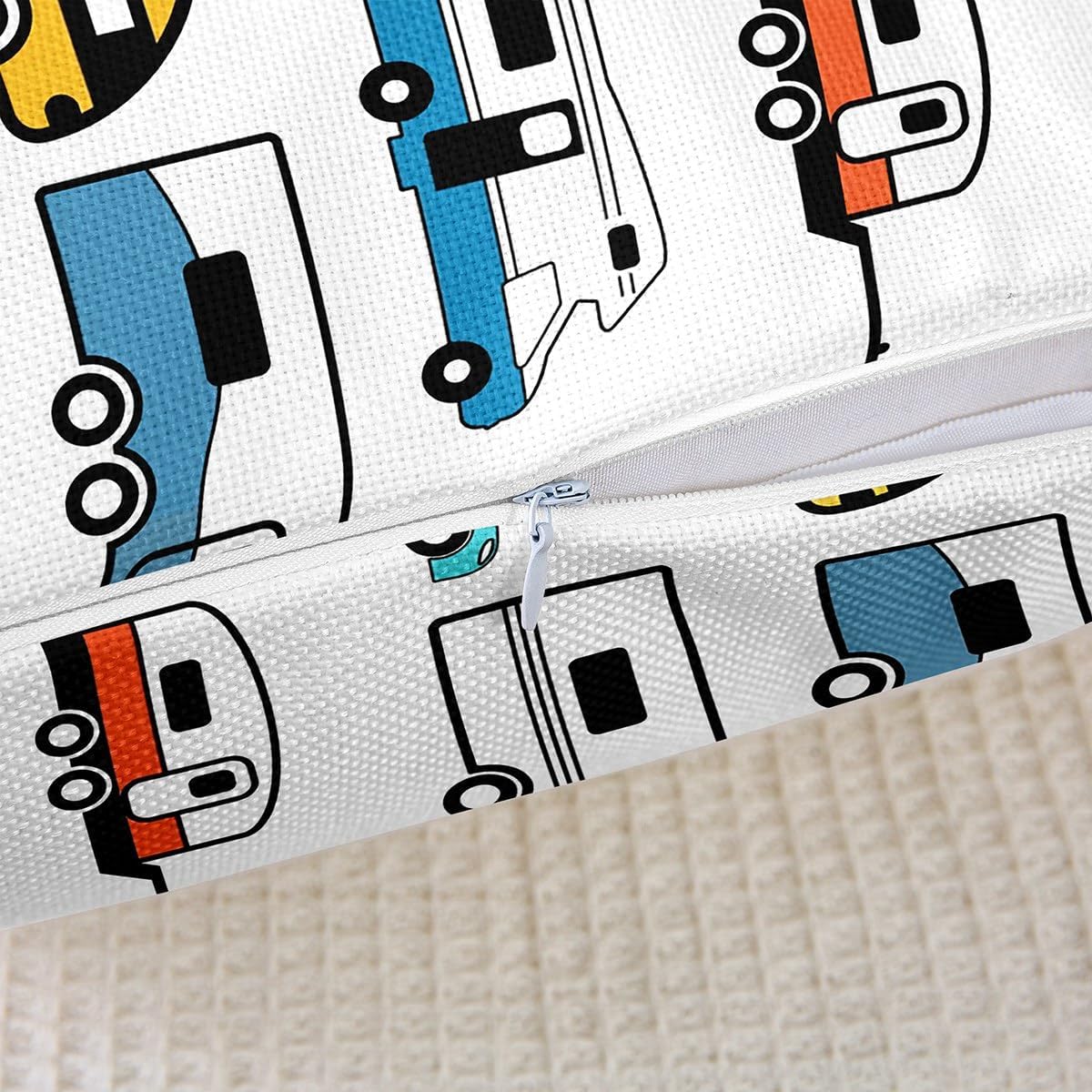 Set of 2 Camper Throw Pillow covers 22x22, Happy Camping Pillow covers for Kids Boys Girls, Camping Trailer Travel Pattern Cushion covers, Cartoon Car Rv Decorative Accent Pillow cases, Blue Yellow
