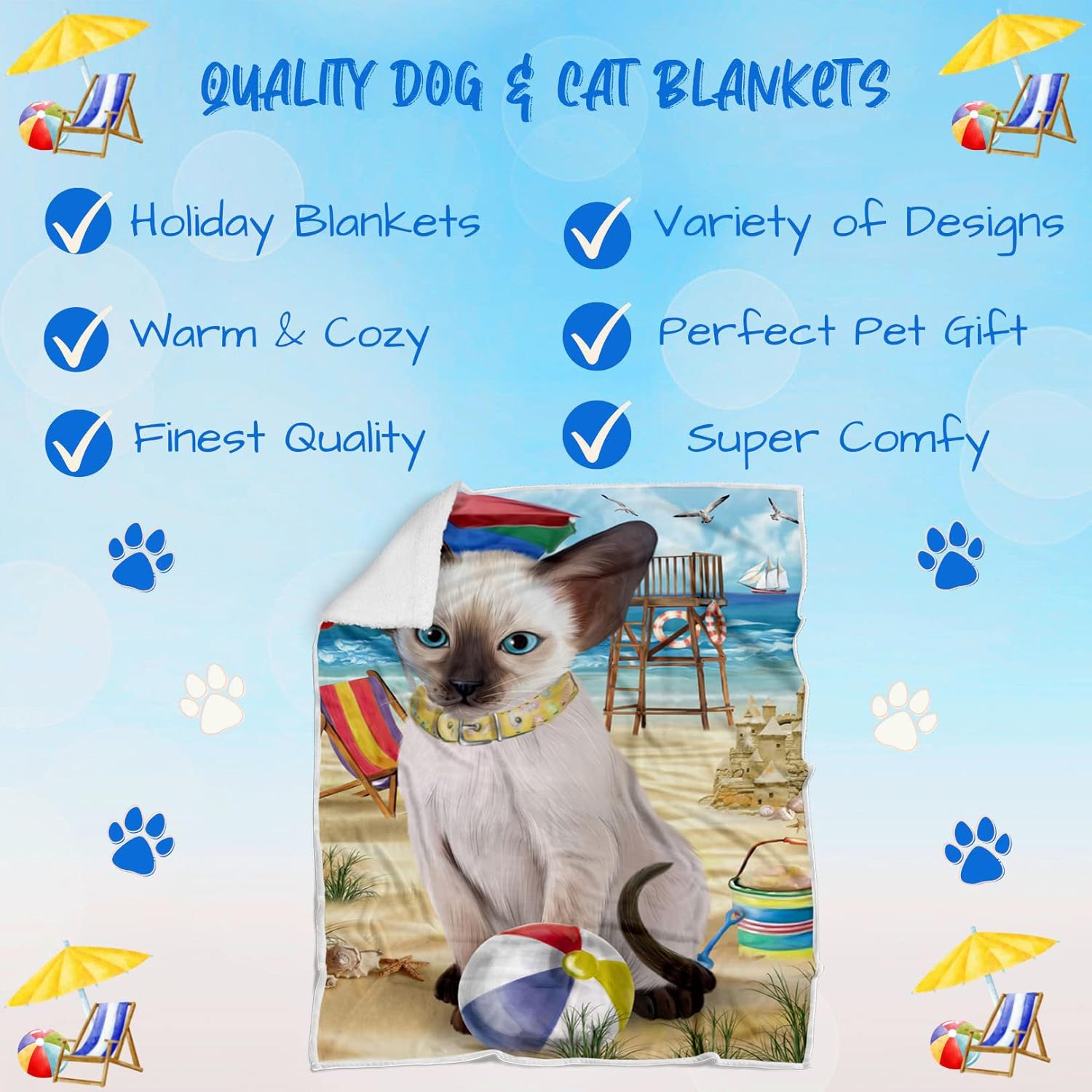 Pet Friendly Beach Oriental Blue Point Siamese Cat Blanket - Lightweight Super Soft Cozy and Durable Bed Blanket - Animal Theme Fuzzy Blanket for Sofa Bed Couch BLNKT56421 (60x80 Fleece)