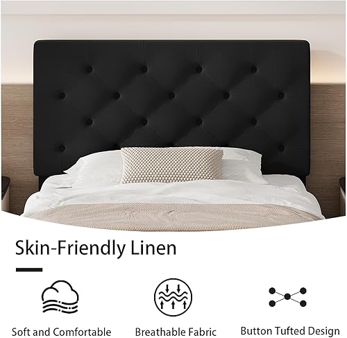 Miniatura 32 de BarnFurin Base de cama de tamaño matrimonial con cabecero, cama de plataforma tapizada con cabecera capitonada con botones ajustables, marco de cama