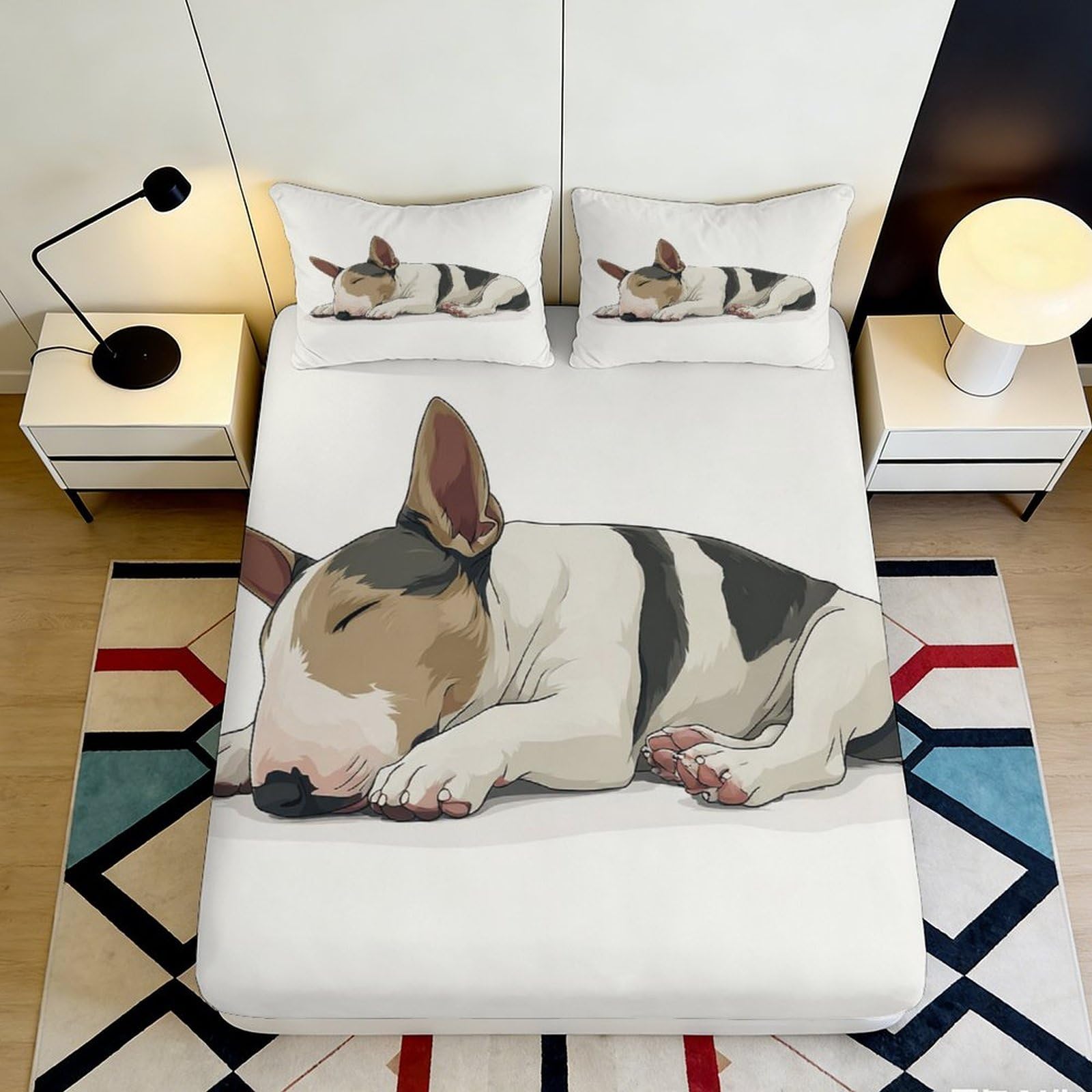 3D Printed Sleeping Bull Terrier Fitted Sheet Microfiber Anti-Slip Mattress Cover for Bedroom Guest Room Decor 105x200cm 90x200x25cm
