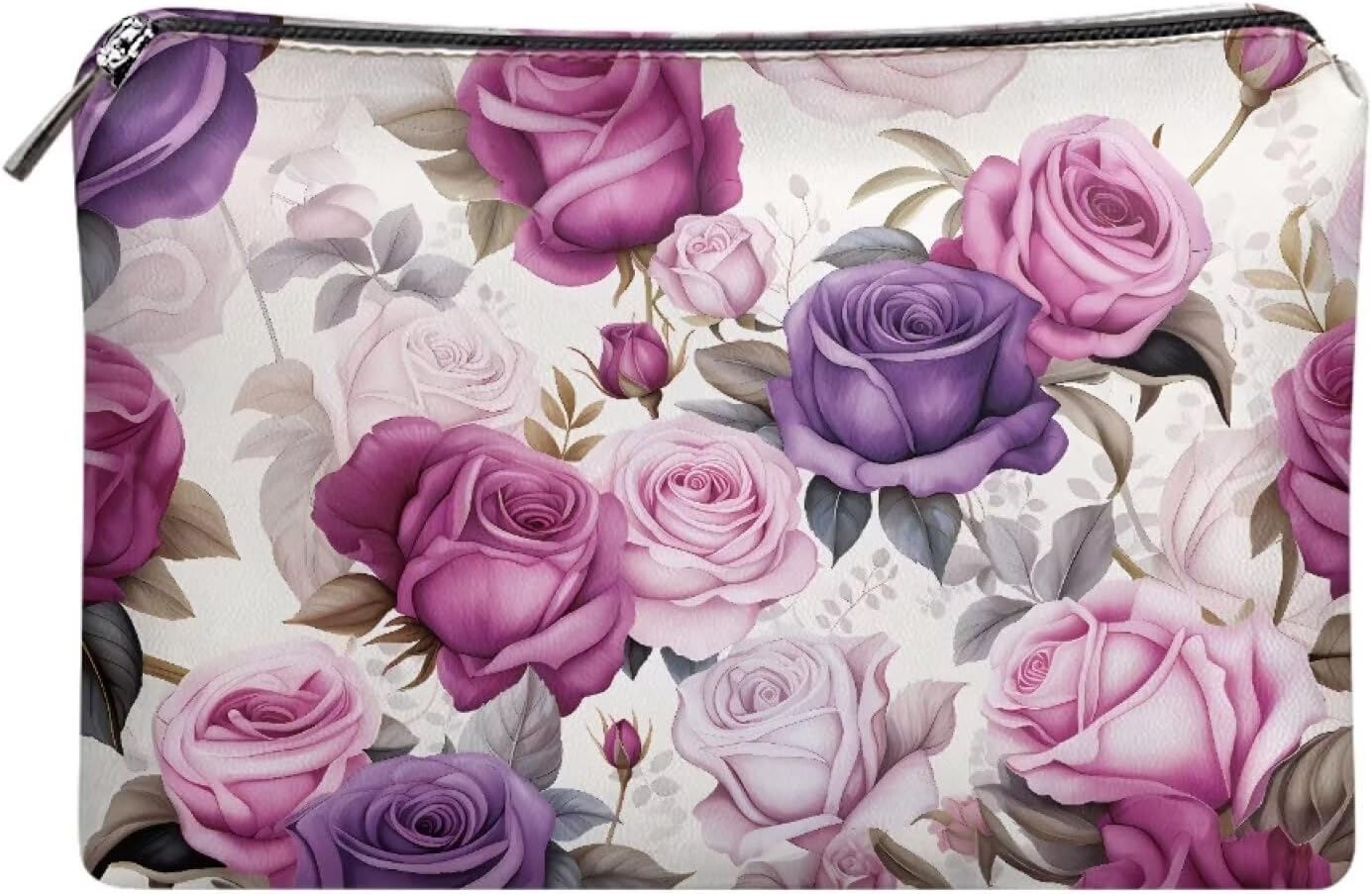 Flashideas Rose Print Make Up Bag Cosmetic Zipper Pouch Purse PU Leather Cosmetic Bag for Women Multifunctional Makeup Easy to Take Easy to Hold Portable Storage Bag