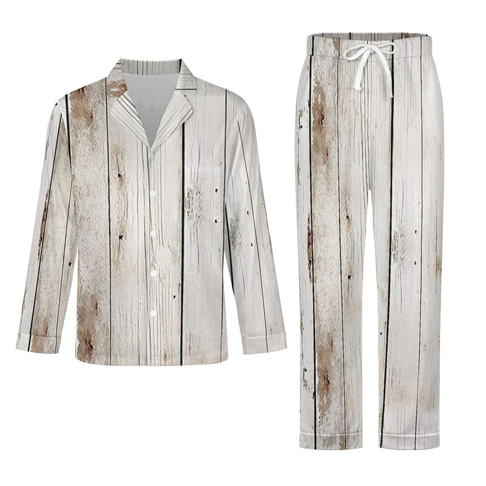 OLEETS Completo Pigiama da Uomo - Modello di Tavola di Legno Top E Pantaloni in 2 Pezzi Pigiama Casual E Ampio A Maniche Lunghe Morbido Autunnale E Invernale.