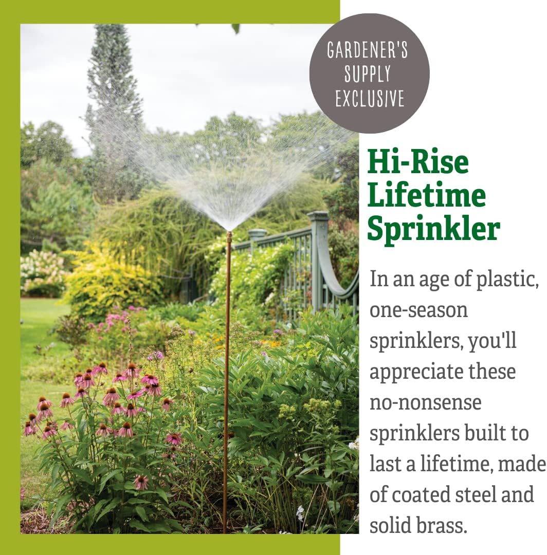 Gardener's Supply Company Hi-Rise Lifetime Sprinkler (50" H) | Heavy-Duty All Steel & Brass Contruction 360 Degree Spray for Lawn Garden & Landscape Watering
