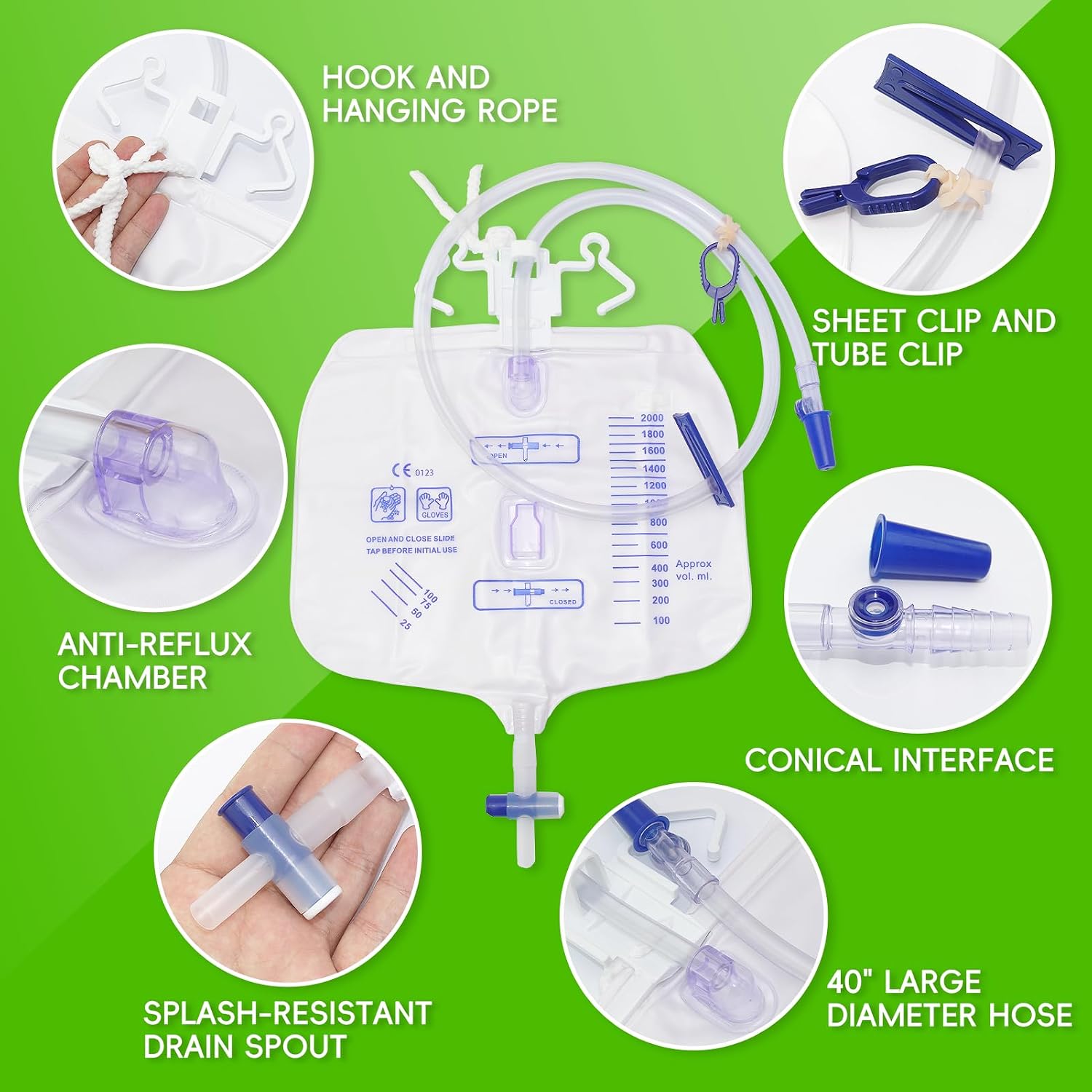 5PCSCatheter Bags for Men,2000MLUrinary Drainage Bag,Urine Bag,Lengthened Catheters Tude,with Anti-Reflux Chamber Clips and Hanging Hook,Professional Urinary Bag for Incontinence