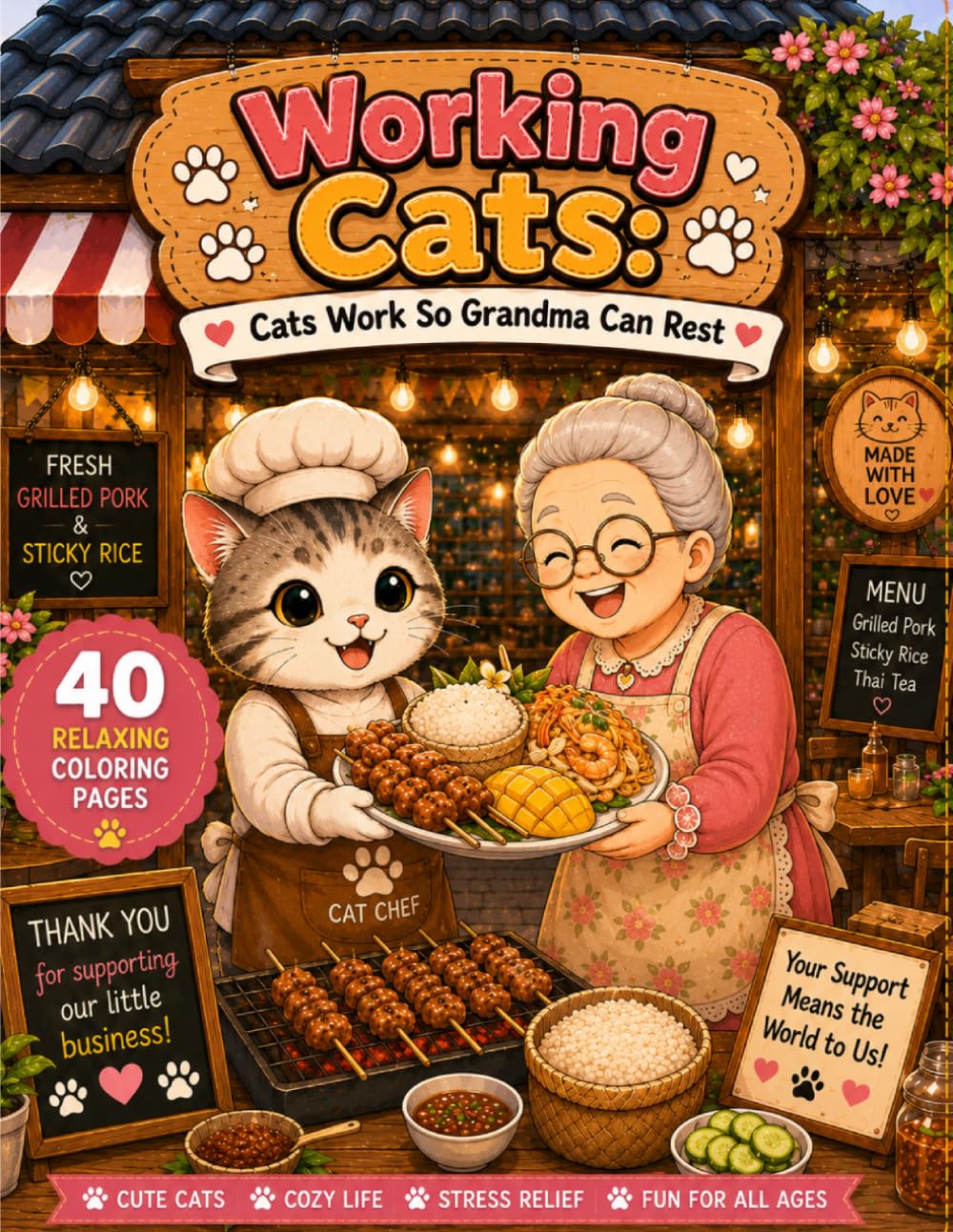 Working Cats :: Cats Work So Grandma Can Rest An Adorable Thai Street Food Coloring Book with Hardworking Cats