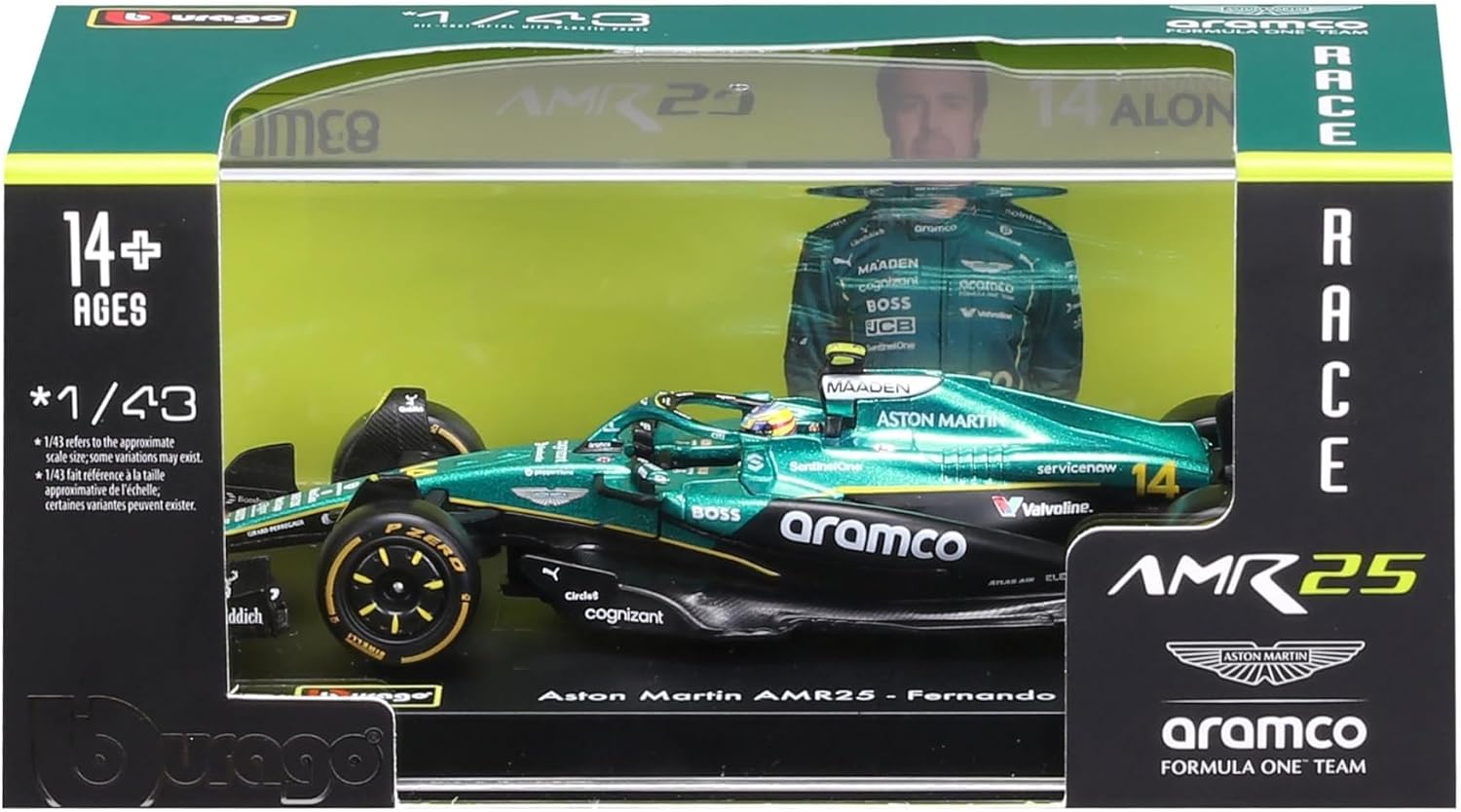 Bburago 1:43 Scale Race Formula Aston Martin AMR25 w/Helmet (2025), Alonso #14