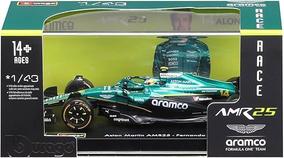 Bburago 1:43 Scale Race Formula Aston Martin AMR25 w/Helmet (2025), Alonso #14