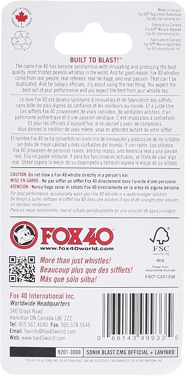 Fox 40 Sonik Blast CMG Official Whistle with Break Away Lanyard (Black)
