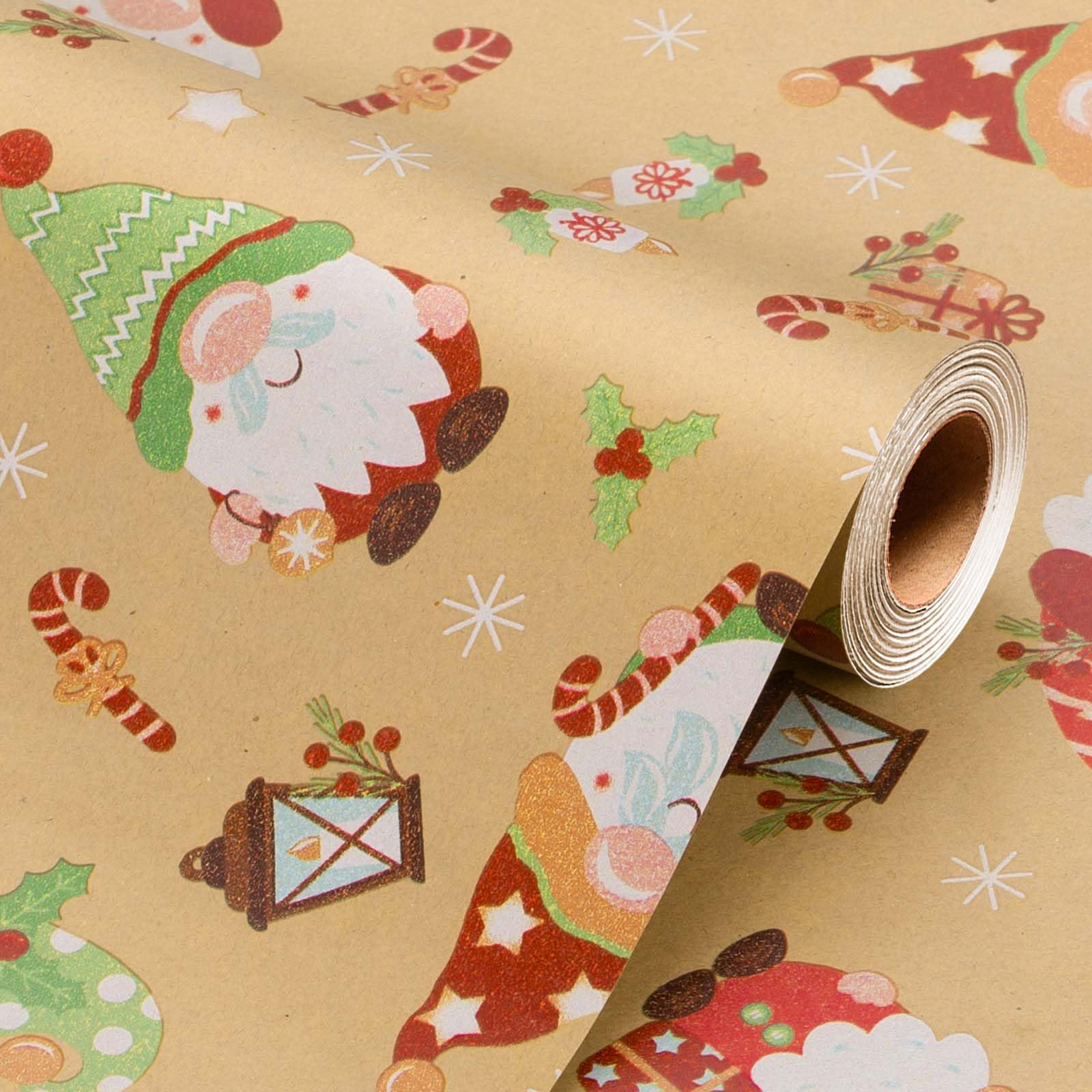Wikadlik Kraft Christmas Wrapping Paper - 43cm x 10m Thick Brown Presents Packing Paper - Funny Gnome/Candy Cane/Snowflakes/Berry Design — image 1