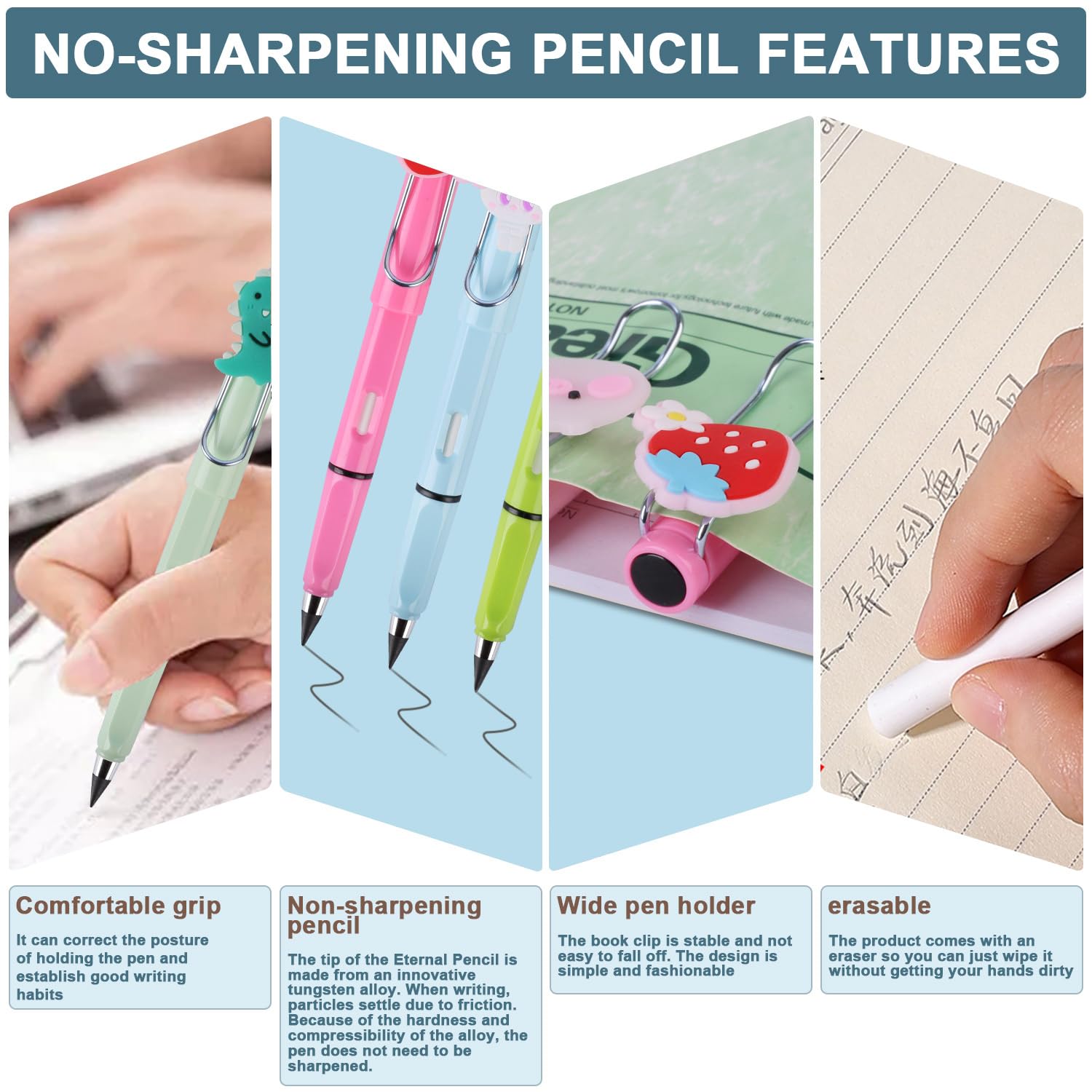RNHDLY Eternal Pencil Pack of 6 Inkless With Eraser, Interchangeable With 6 Replacement Heads Refills for Children - Image 3