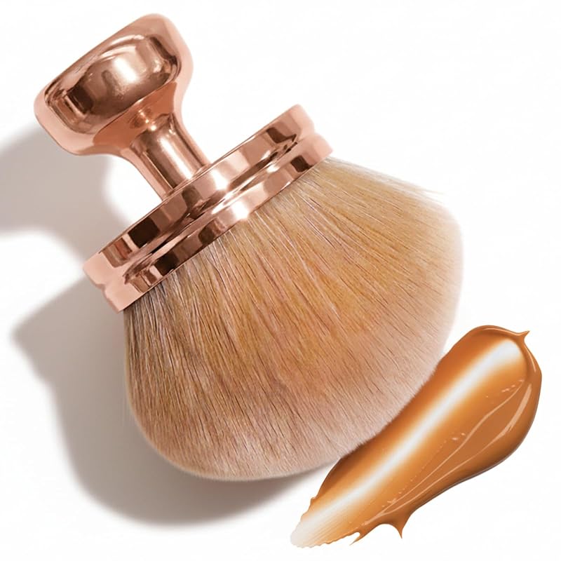 Escova Kabuki Originbuty para aplicação de produtos autobronzeadores, formato redondo, cerdas sintéticas, cabo curto, Gold