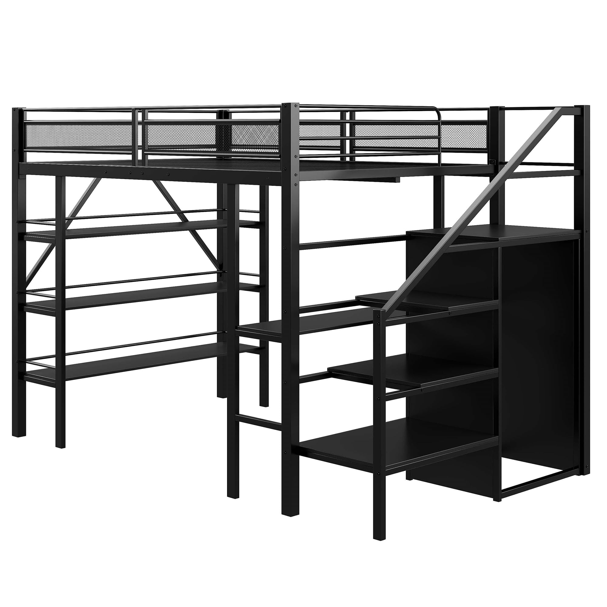 Dolamaní Letto a soppalco in metallo, 140 x 200 cm, per adulti e ragazzi, con mensola, scrivania, vestiti, scale, con vano portaoggetti, design a rete alta, per letto matrimoniale, colore: nero