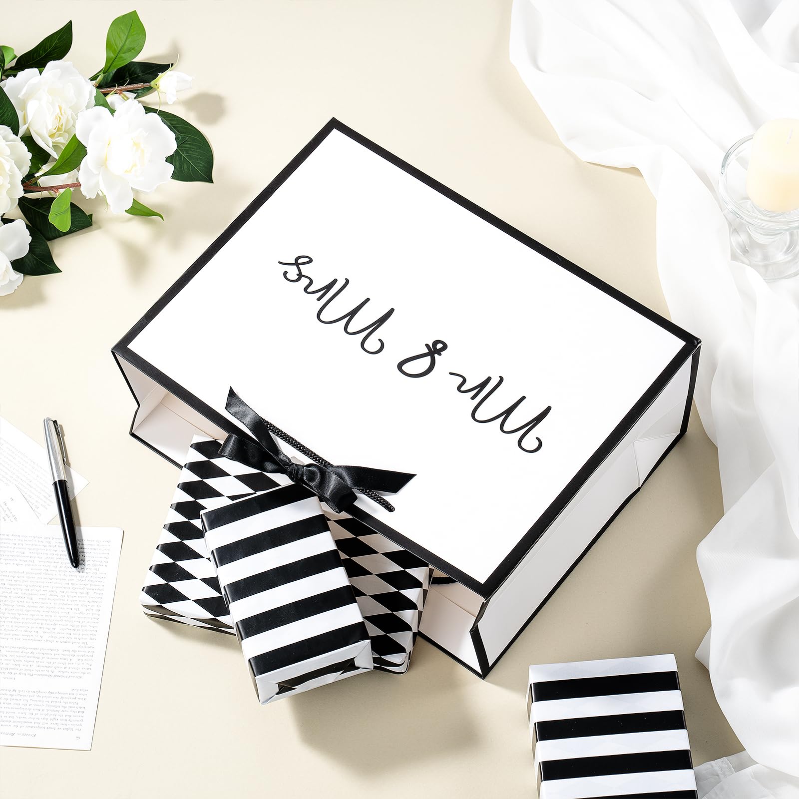 Loveinside 13" Large Wedding Gift Bag, White & Black Mr. & Mrs. Elegant Script Design Party Bag with Bow Ribbon for Couple, Wedding, Bridal Shower, Engagement, Newlywed Gift, 13" x 5" x 10", 1 Pcs