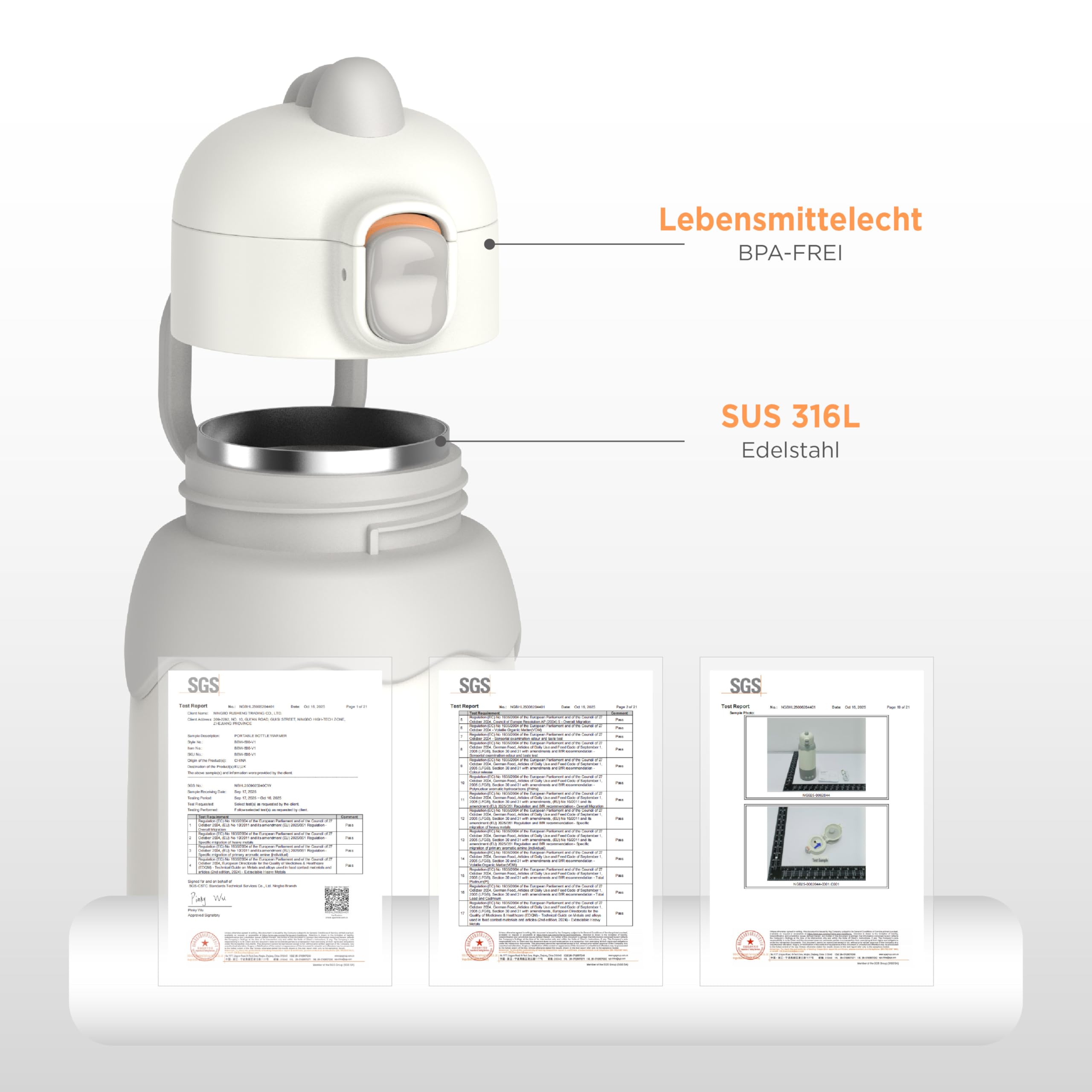 Tragbarer Flaschenwärmer Baby Unterwegs, 500ml Kabellos für Reise | manuelle temperatur 37-55°C, edelstahl 316, 4x2700 mAh akku, schnelles aufheizen, abnehmbarer becher, sterilisator funktion