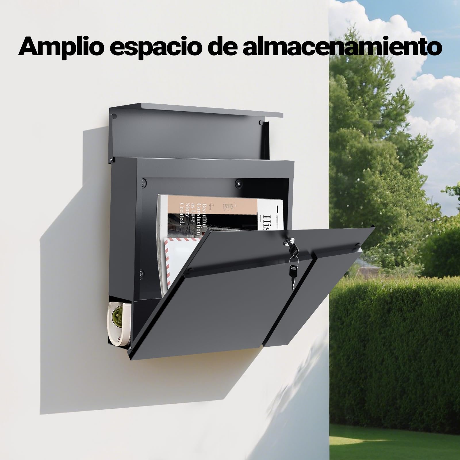 Wiltec Buzón de diseño V23 Antracita 370 x 102 x 370 mm, de Pared con Cerradura y Hueco para el periódico, de Acero con Recubrimiento en Polvo