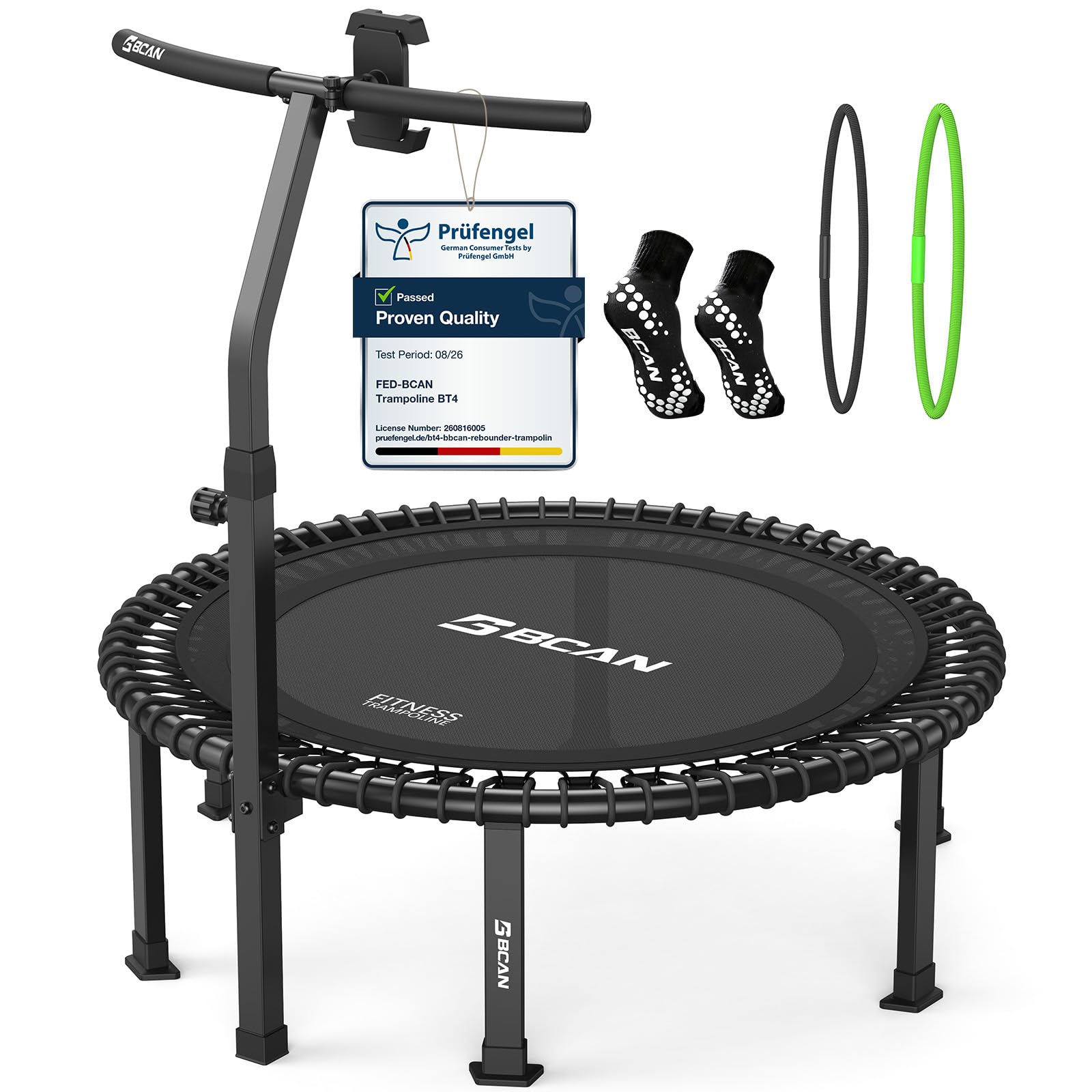 B BCAN BT4 Soft Land Pro - Trampolino elastico elastico da 96/102/122 cm, capacità 227 kg, elastico a tensione regolabile, telaio monopezzo, supporto per telefono e 2 paia di calzini