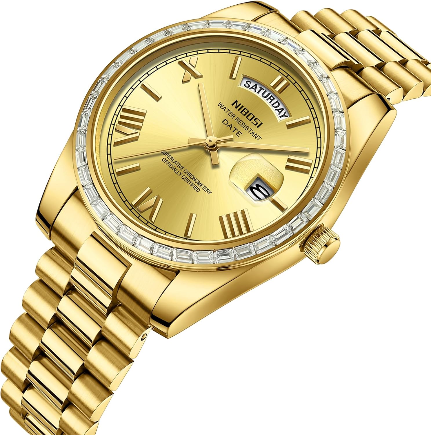 NIBOSI Men's Watches Analog Quartz Diamond Bezel Stainless Steel Dial Rose Gold Silver Watches for Men Waterproof Business Classic Dress Wrist Watch with Day Date - Image 2