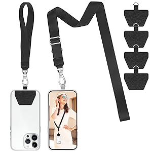 SS Phone Lanyard, Adjustable Cell Phone Lanyard Neck Strap & Phone Wrist Strap & 4 Phone Tether Patches for Most Smartphones, Black