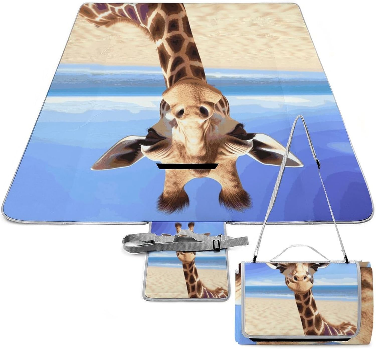 Beach Giraffe Waterproof Picnic Blanket 58.3''x58.3'',Portable and Foldable Picnic Mat with Handle,Outdoor Blankets for Lawn Park Beach Travel