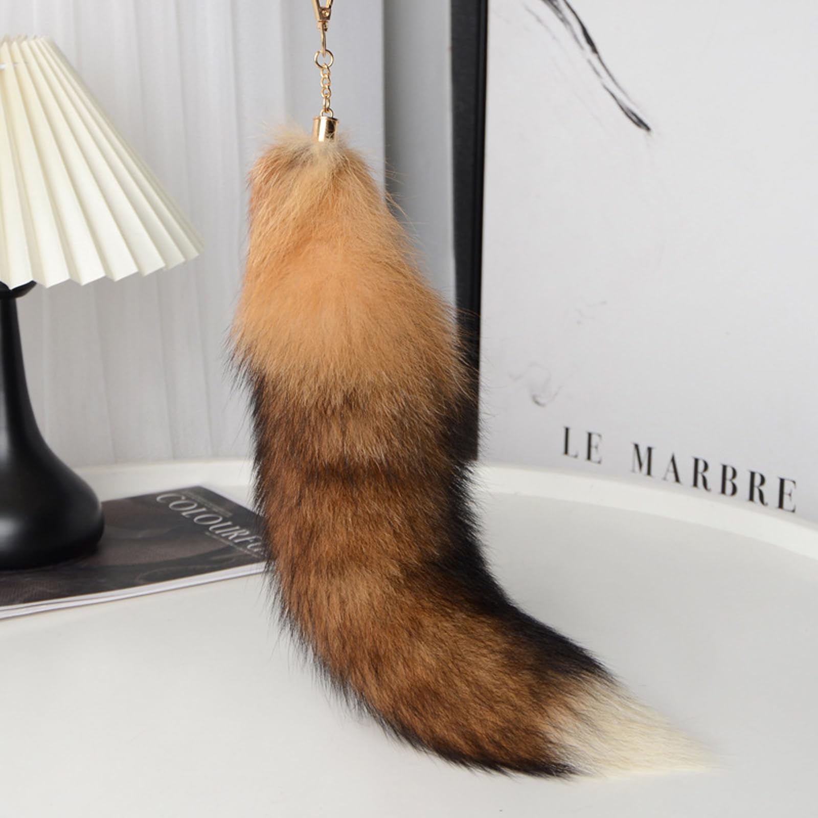 Fluffy Therian Cat Wolf Tail Real Fox Fur Keychain Cosplay Women Bag Keyring Halloween Costume for Adult: Sunny Black