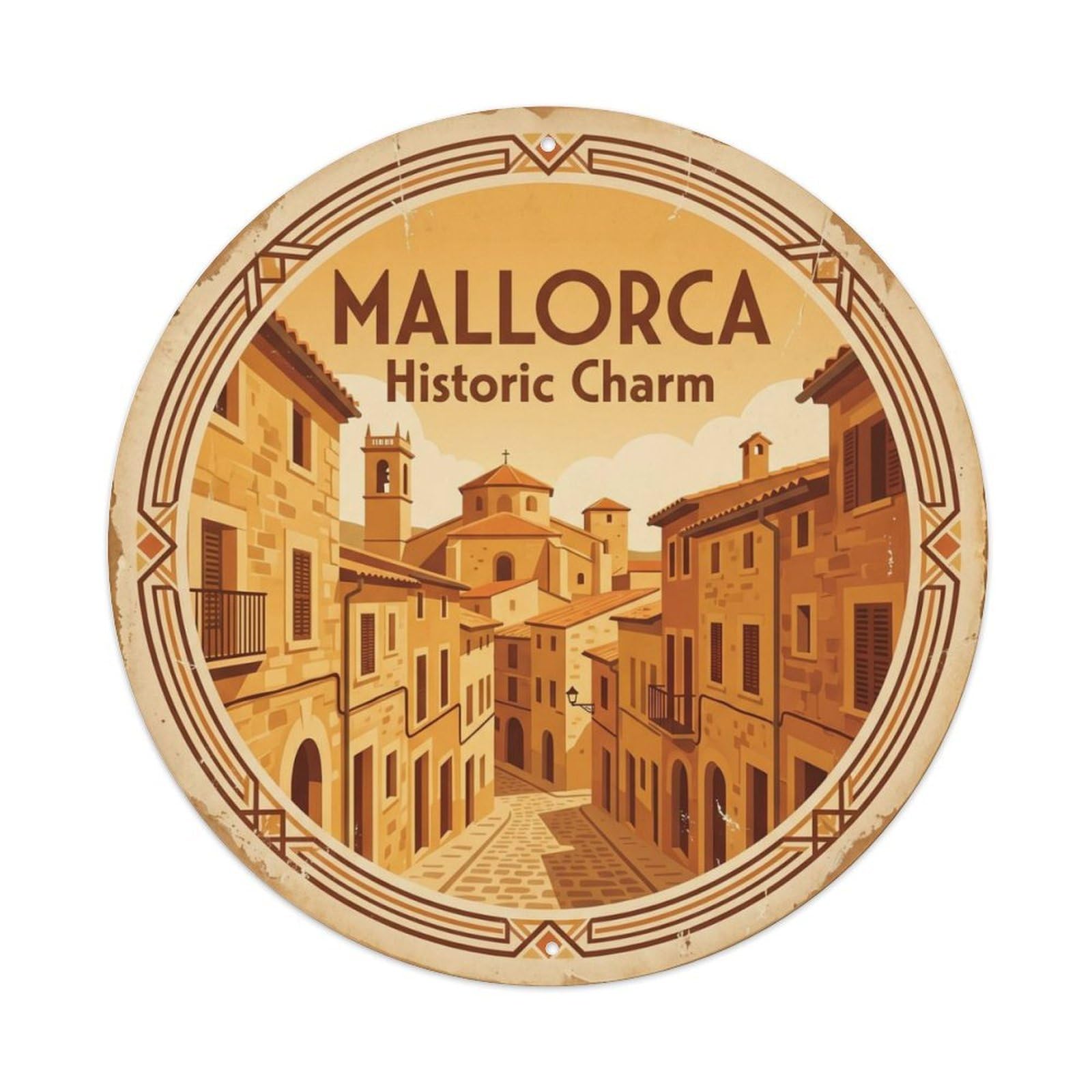 Vintage Travel Mallorca Oldtown Spain Metal Tin Sign Plaque Wall Decor for Cafe, Club, Garden Round Metal Poster 8x8Inch