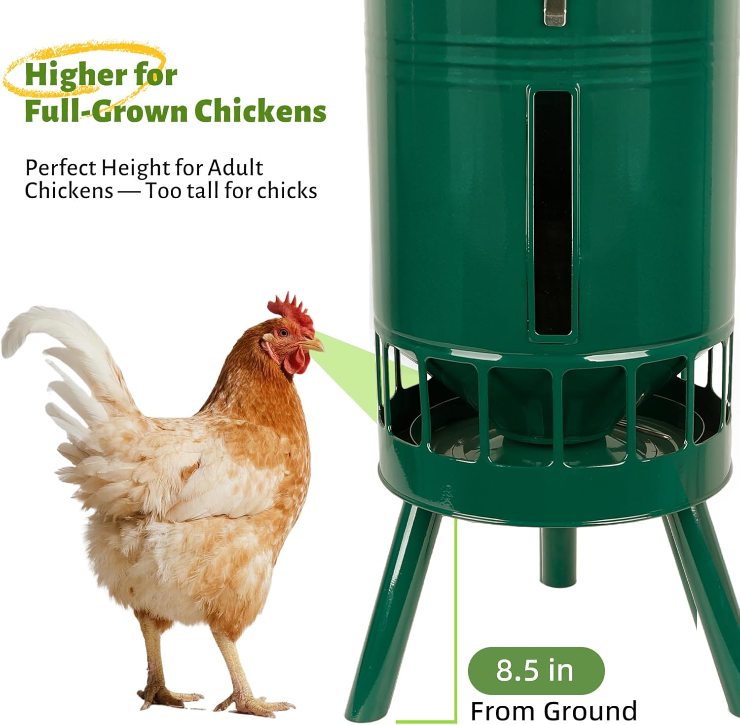 KOL 50LB Metal Chicken Feeder - No Waste, No Clog Design with 16 Ports & Smooth Gravity-Flow, Powder Coated Rust-Proof for Coop Use (Green)