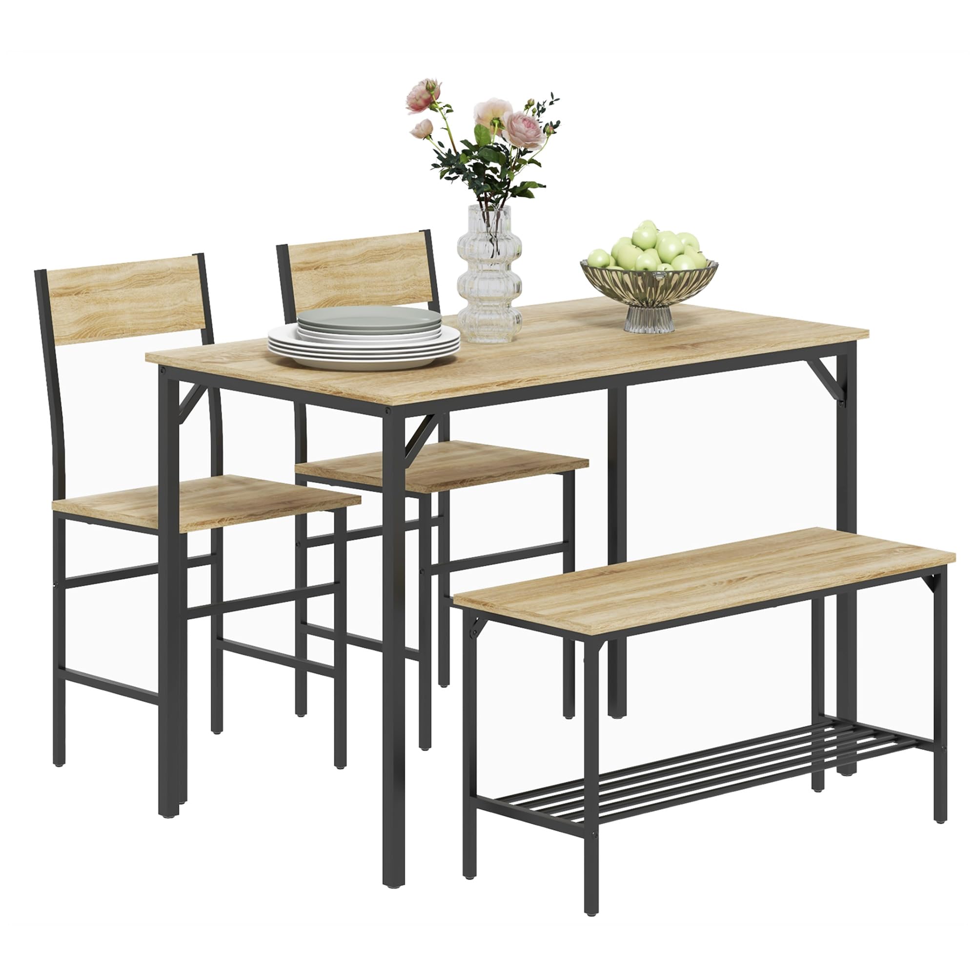 4 Piece Dining Table and Chairs Set, Industrial Kitchen Table Set of 4 with 2 Chairs and Bench, Space Saving Table and Chairs with Shelf for Small Spaces, Natural Wood Effect