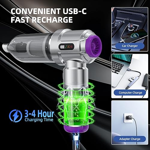 Miniatura 5 de Aspiradora inalámbrica  22000 PA aspiradora de mano para automóvil, mini plumero portátil 4 en 1 recargable, 3 velocidades pequeños y potentes