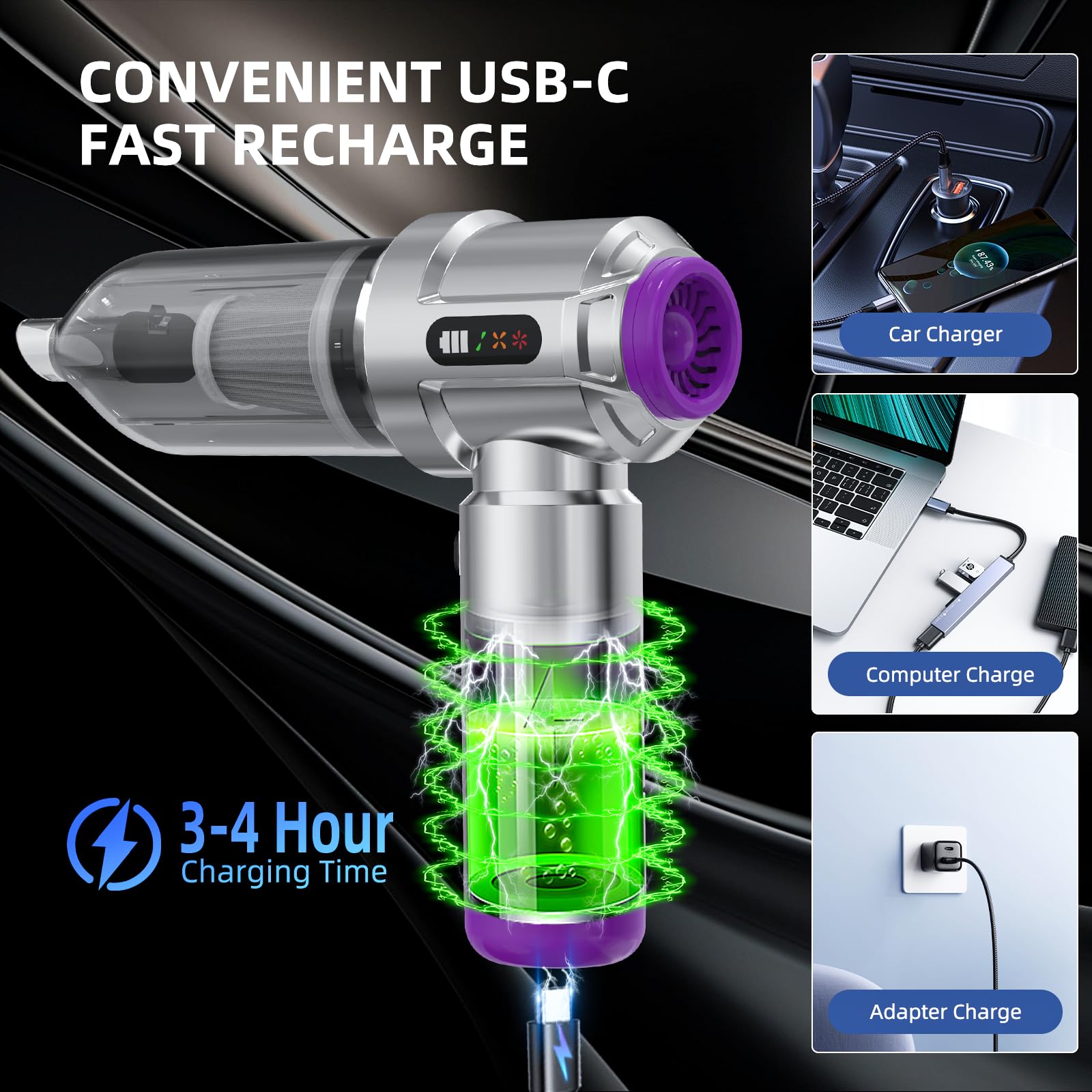 Aspiradora de mano – Aspiradora recargable de 22000 PA, mini aspiradora de mano portátil 4 en 1, inalámbrica, potente plumero de aire de 3 velocidades para coches, oficina, hogar, teclado, PC