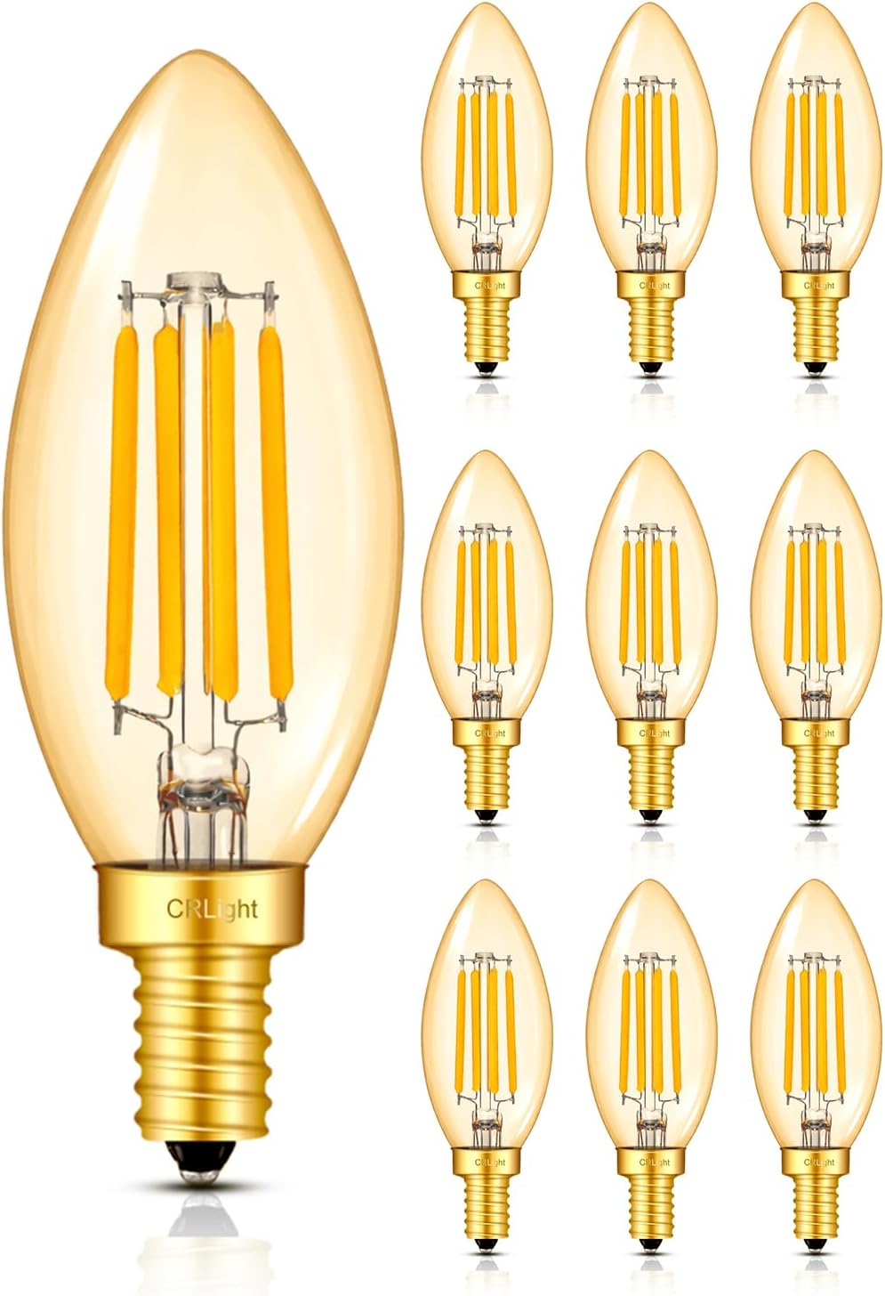 CRLight Dimmable 60 Watt Equivalent E12 LED Candelabra Bulbs, 2700K Warm White, 6W 600LM, B11 Candle Vintage Filament Light Bulbs, Amber Glass for Chandelier Ceiling Fan, 10 Pack
