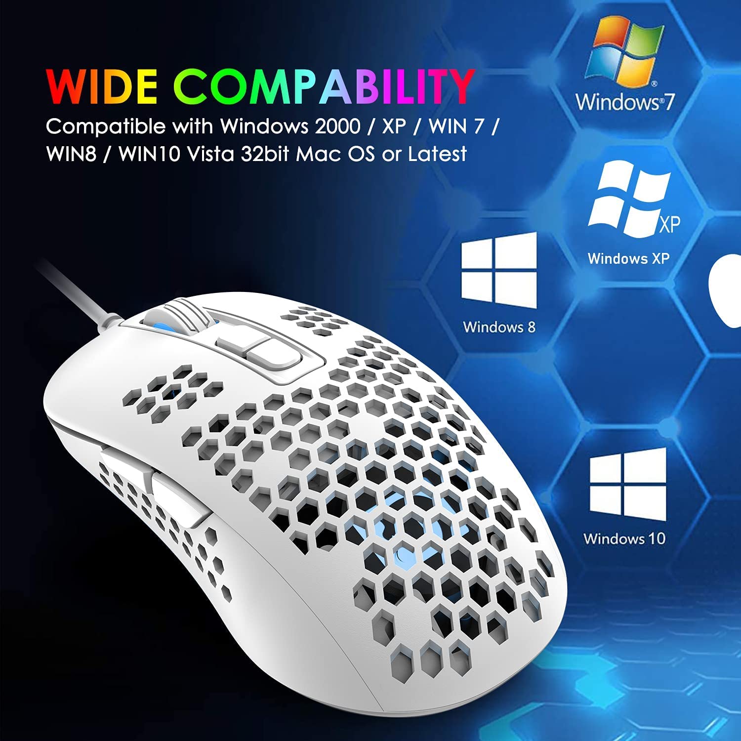 60% teclado compacto para juegos con cable, mini 61 teclas, 11 efectos de RGB con teclas completas anti-ghosting + ratón Gamng con cable 2400 DPI Honeycomb Optical+auricular RGB + alfombrilla de ratón