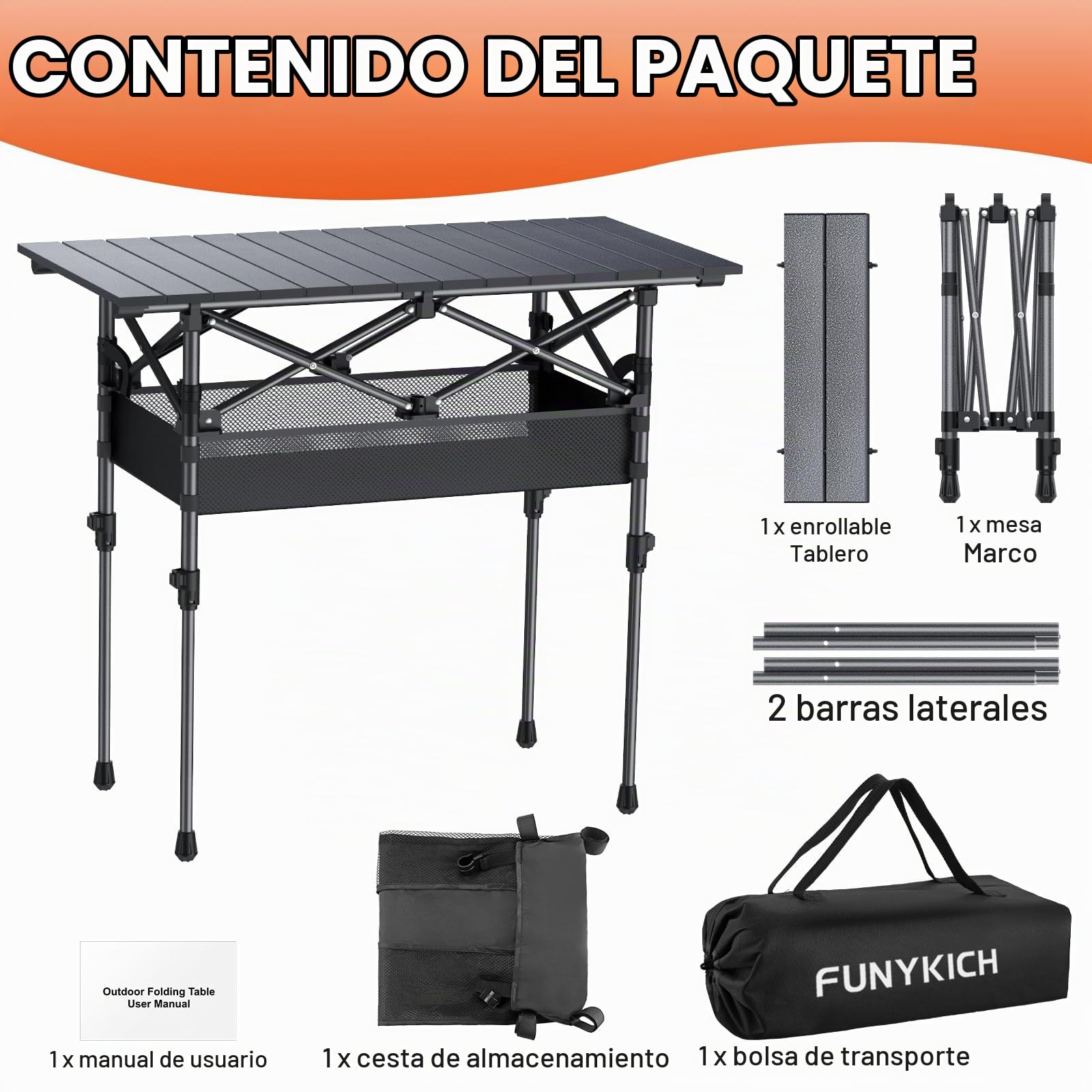 FUNYKICH Mesa Plegable de Camping 82 x 40cm con 2 Alturas Ajustables (44/70cm), Fácil Montaje, Bolsa de Malla Tablero Enrollable de Aluminio para Barbacoa