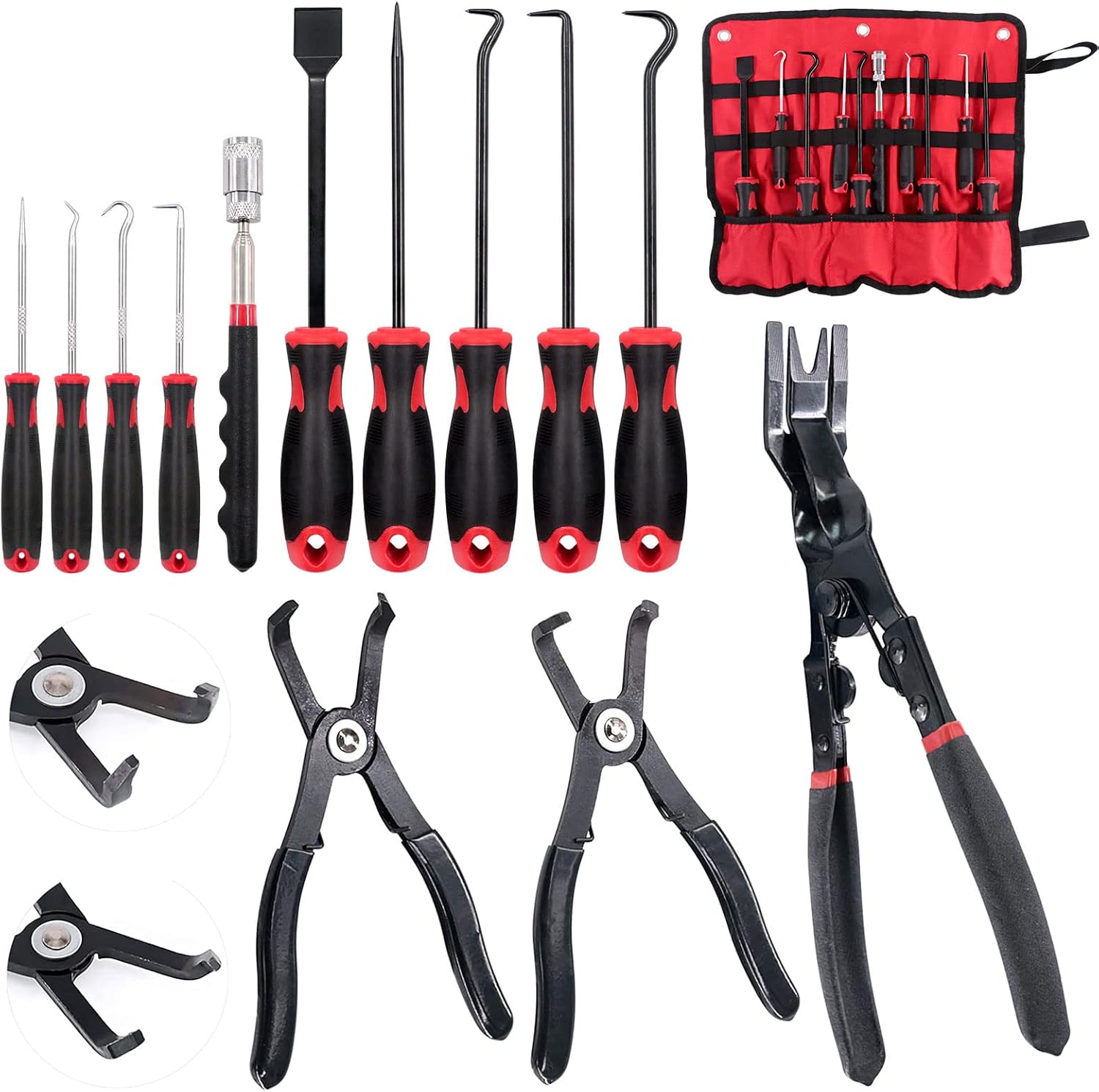 Swpeet 12Pcs Body Clip Removal Pliers Set and Long Hook Set with Magnetic Telescoping Tool Kit for Automotive and Electronic Tools