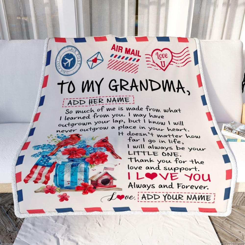 Personalized to My Grandma Gifts Blanket from Granddaughter Cardinal Letter Air Mail Letter Birthday Gifts for Grandma Mothers Day Christmas Fleece Blanket (30 x 40 in Baby Size)