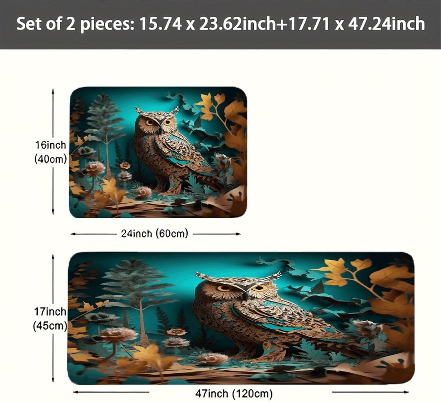 Owl Kitchen Mat Washable Non Slip Rugs Soft Kitchen Mats for Floor Set of 2 PCS Cushioned Absorbent Runner Standing Rugs for Home Sink Laundry Office