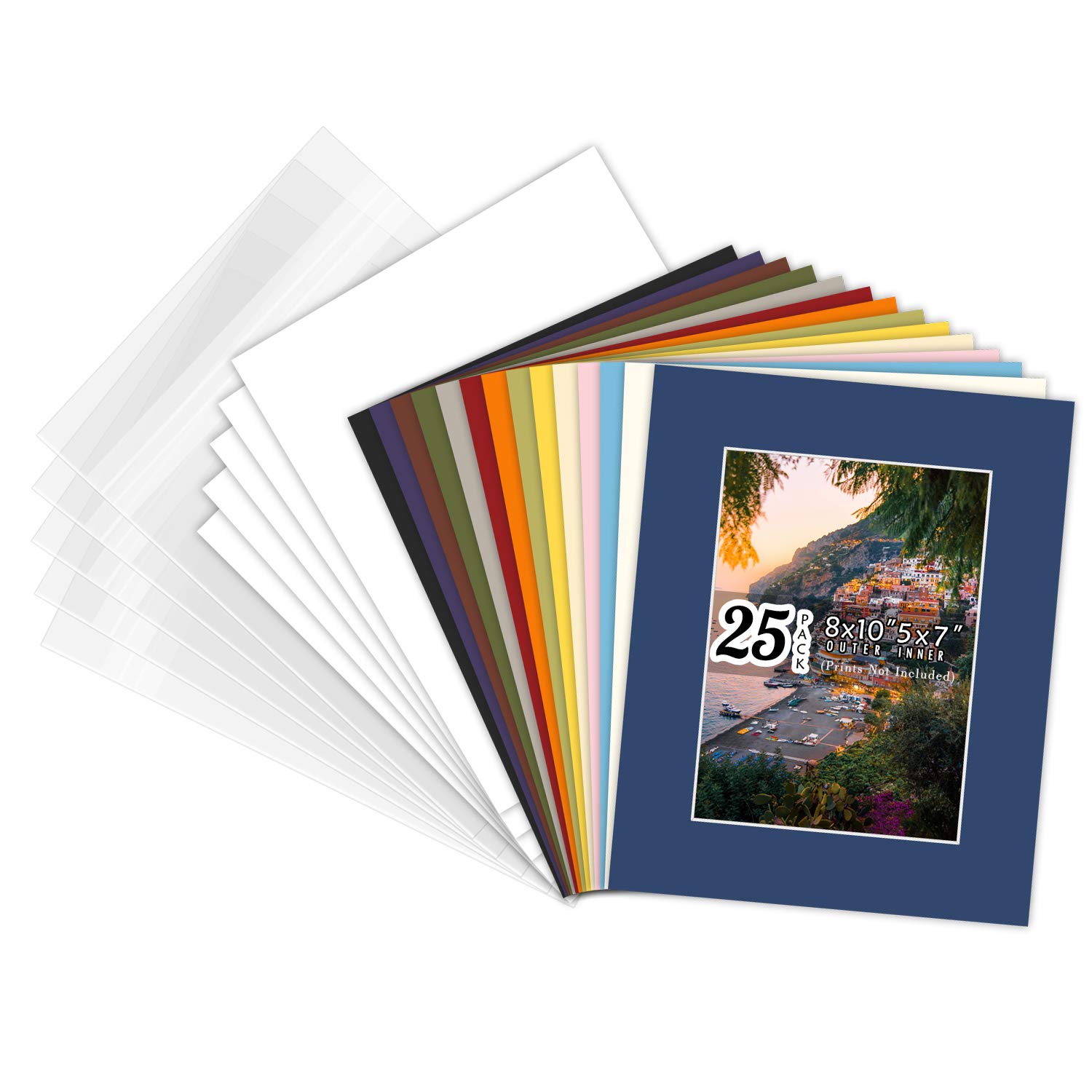 Golden State Art Pack of 25 Mixed Colors Pre-Cut 8x10 Picture Mat for 5x7 Photo with White Core Bevel Cut Mattes Sets. Includes 25 High Premier Acid Free Mats & 25 Backing Board & 25 Clear Bags