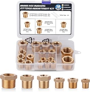 Ailbiuko 18PCS Brass Hex Bushing Fitting Kit - NPT Reducers 1/4"-1/8" to 3/4"-1/2" for Plumbing & Pipe Projects