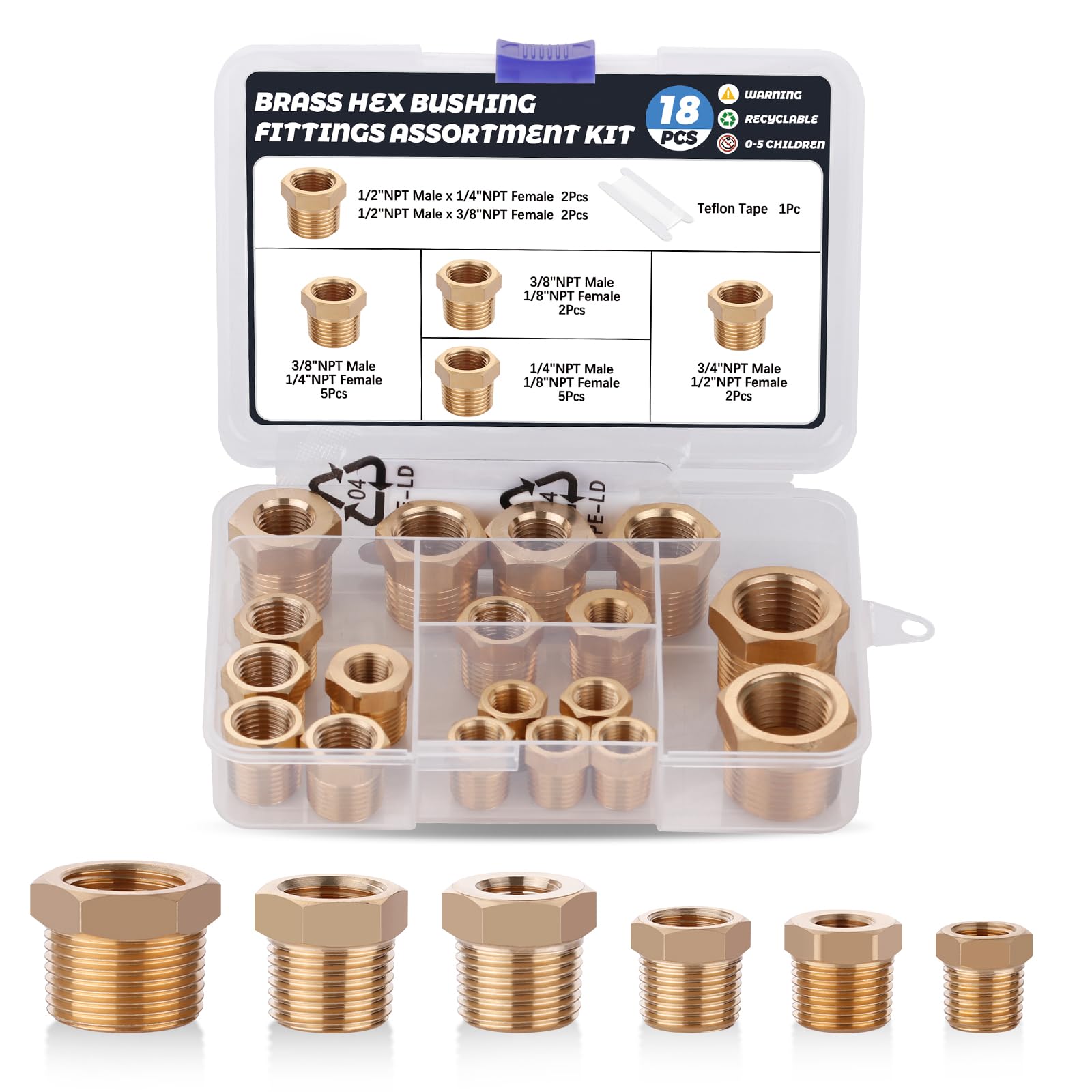 18PCS Brass Hex Bushing Fitting Kit,1/4" - 1/8", 3/8" - 1/8",3/8" - 1/4",1/2" - 1/4",1/2" - 3/8",3/4" - 1/2" NPT Pipe Fittings