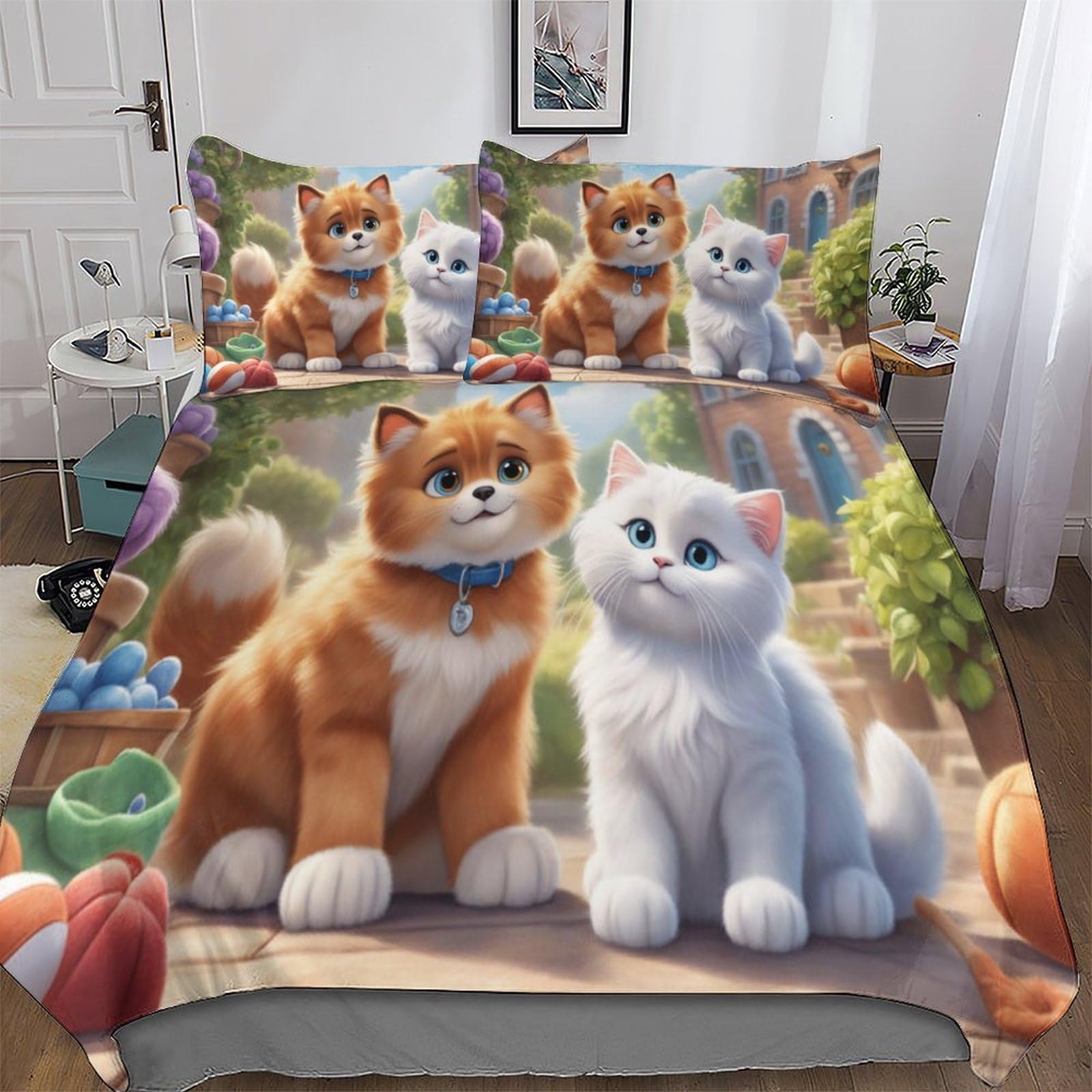 Parures de lit chat 3D 200x200cm avec housse de couette et taies microfibre
